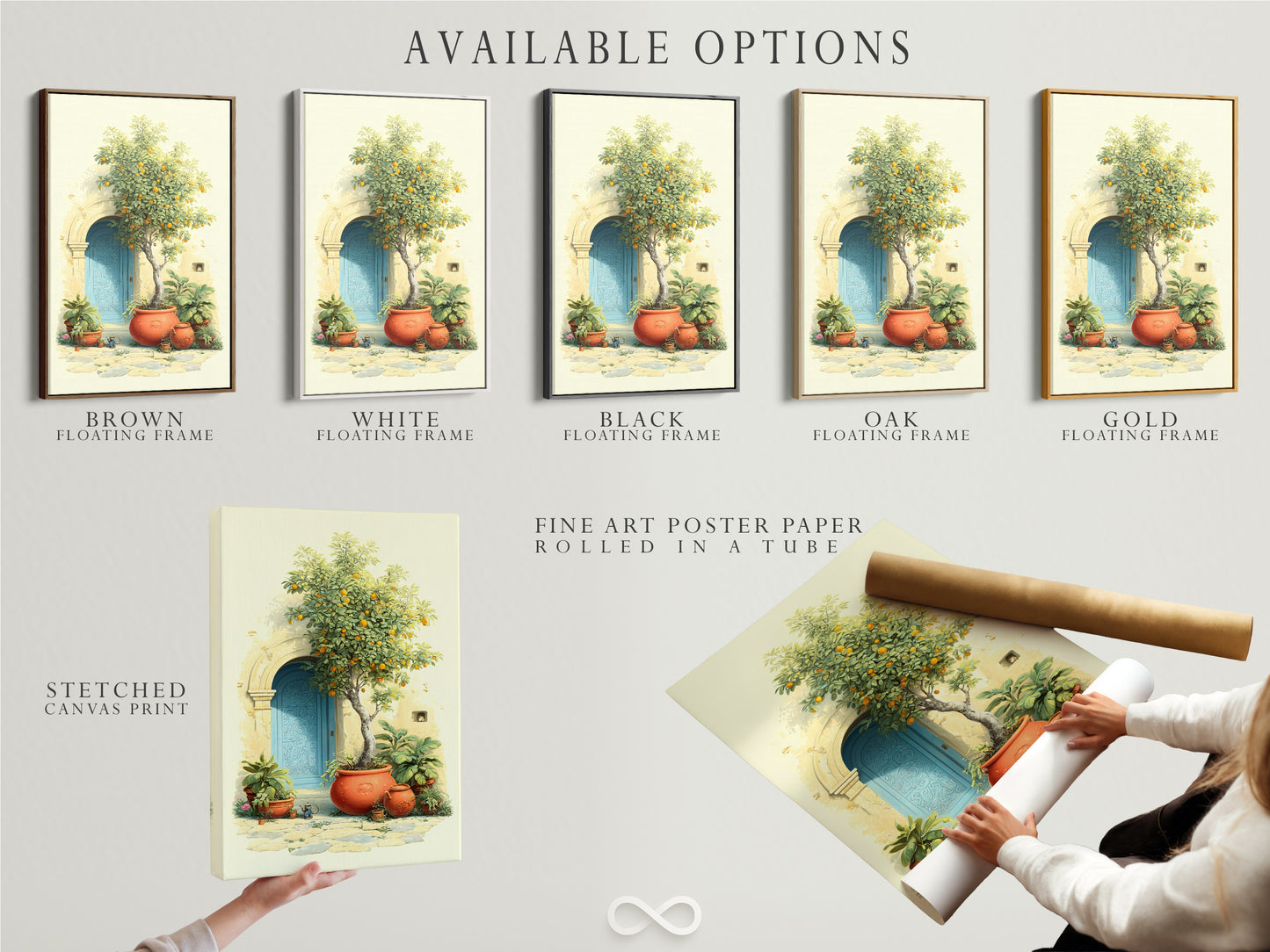 Available options for Italian Lemon Tree artwork. Choose from a stretched canvas print fine art poster paper or a floating frame. The Mediterranean decor features a Tuscan doorway with an azure door and terracotta pots. It is perfect for kitchen wall art or any room.
