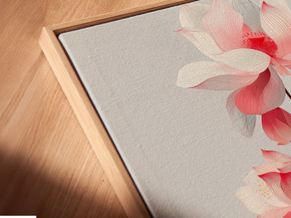 A close-up shot of a canvas print in a floating frame. The lotus flower artwork is beautifully presented. The floating frame adds depth and sophistication. It is ideal for modern and minimalist decor styles.