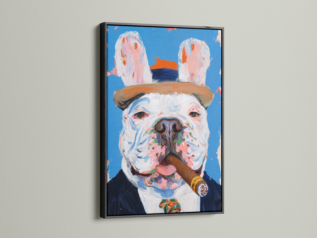 A bold French Bulldog artwork in a black frame makes a statement. The artwork features a cigar-smoking dog a quirky pet portrait ideal for man cave decor. The black frame creates a modern and sophisticated display.