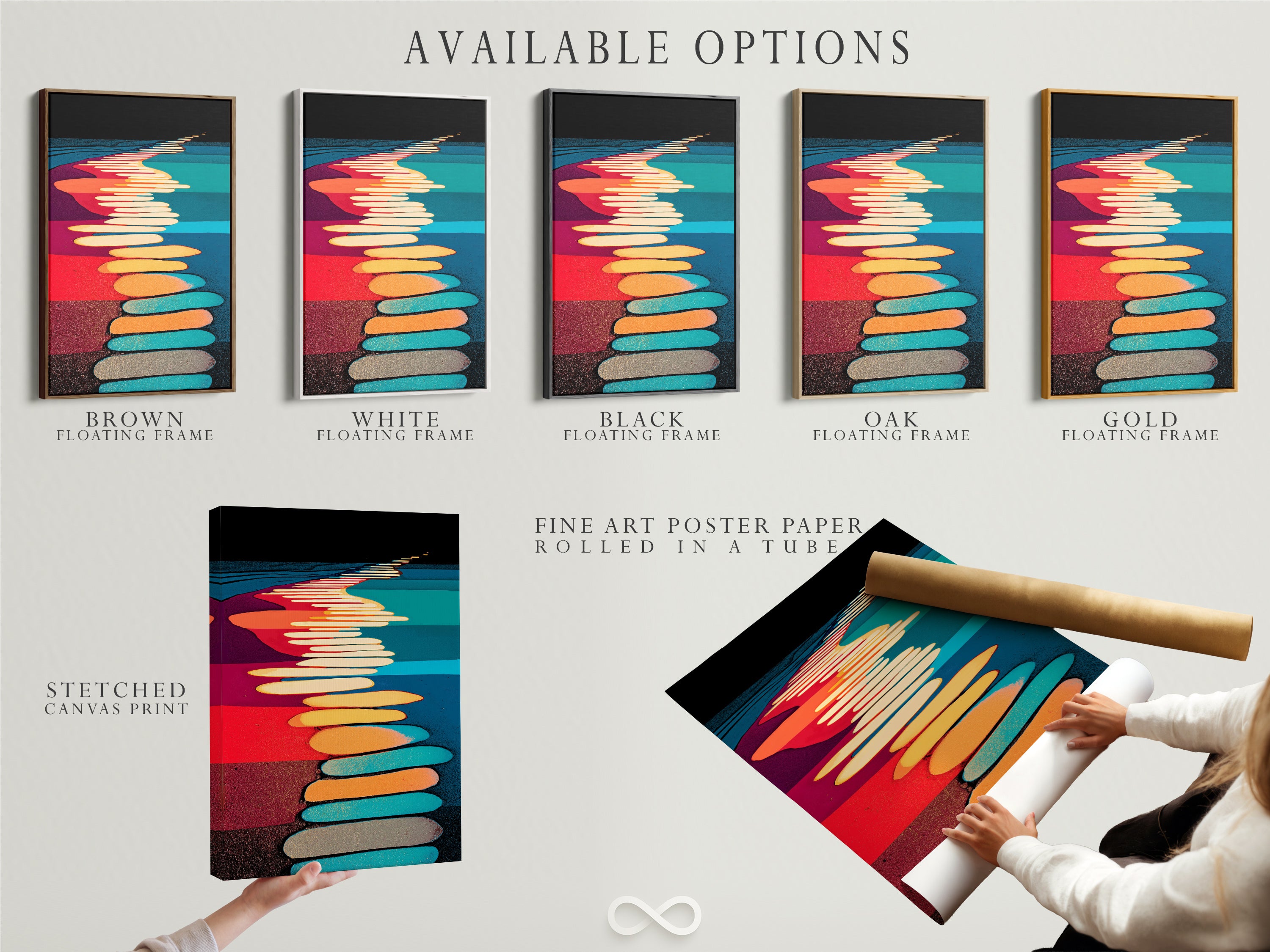 Explore available options for our abstract pathway artwork. Choose between a stretched canvas print fine art poster or a floating frame. Geometric print and vibrant colors. Perfect as modern art for any space. Enhance your home wall decor with abstract artwork.