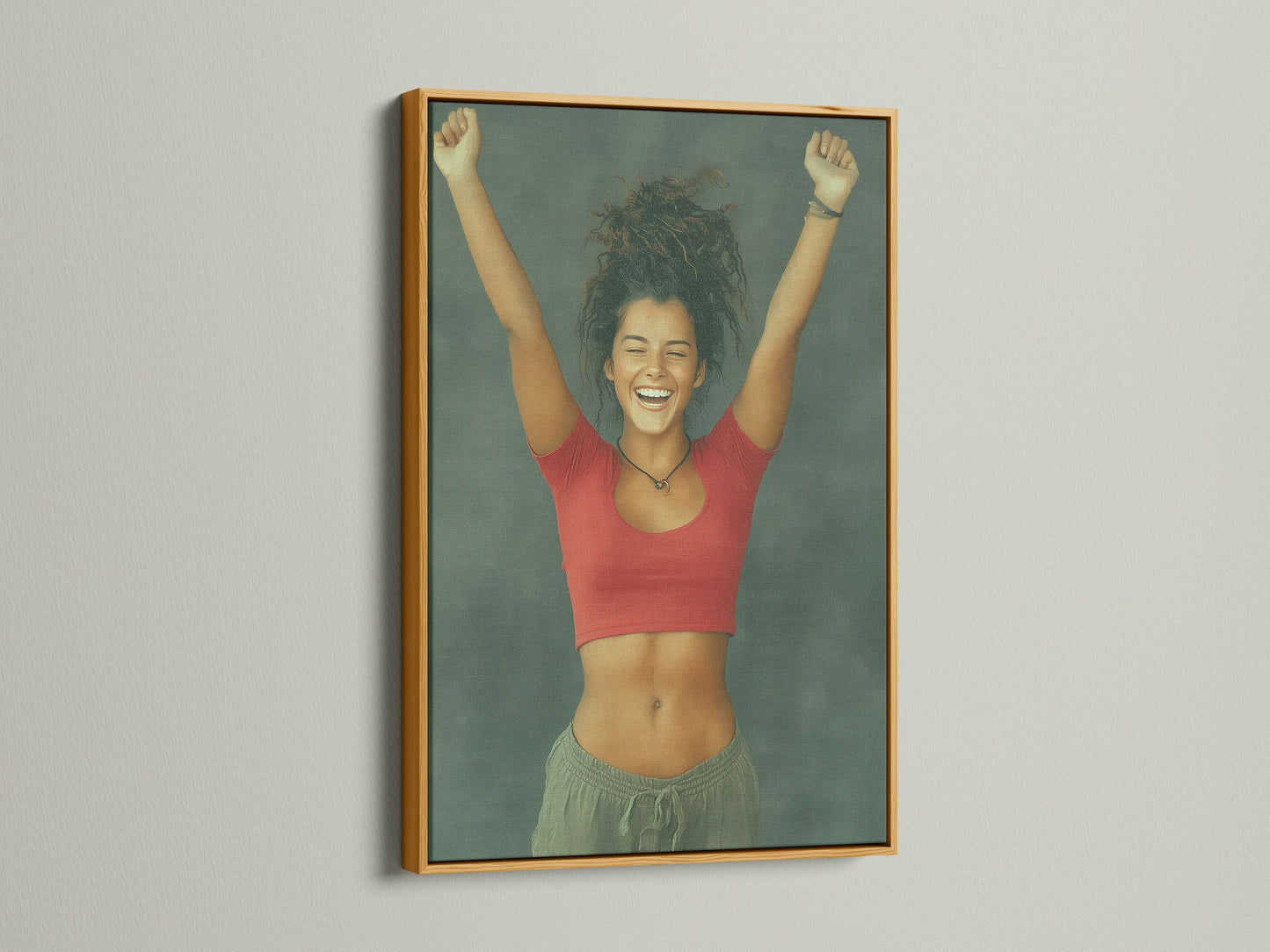 Euphoric Woman art in a gold frame. This happy canvas adds a touch of elegance.  Ecstatic woman art for a teen girl's room.  Bring positive art into your home.  Upbeat decor for modern living spaces.