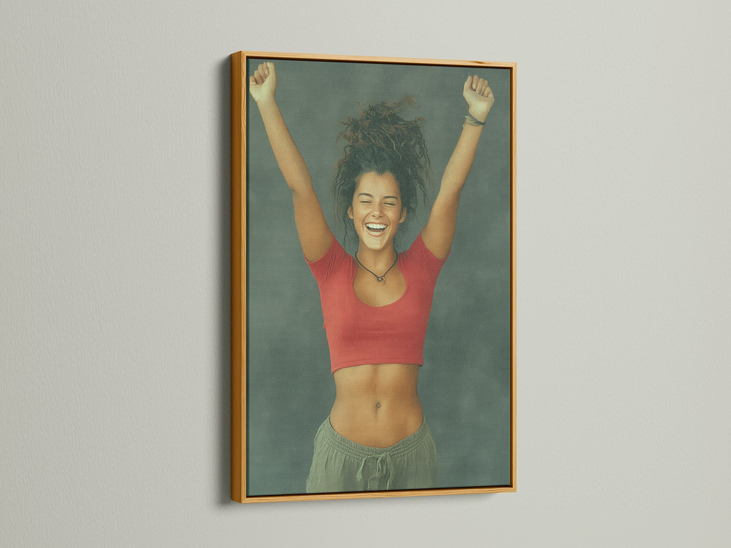 Euphoric Woman art in a gold frame. This happy canvas adds a touch of elegance.  Ecstatic woman art for a teen girl's room.  Bring positive art into your home.  Upbeat decor for modern living spaces.