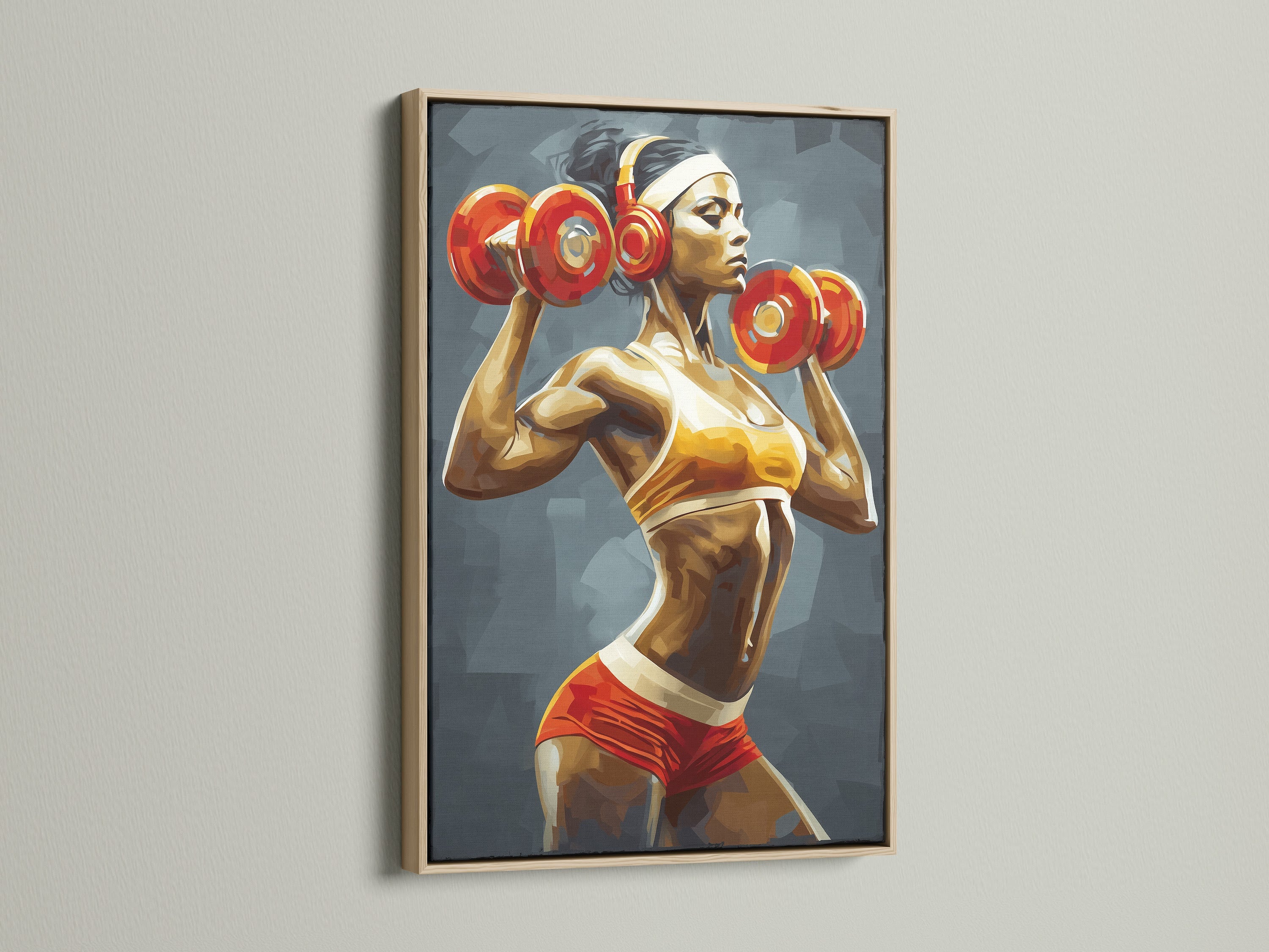 A striking fitness wall artwork showcases a strong woman weightlifting. The artwork is framed in oak. This motivational gym canvas print is perfect for home gym decor. It inspires strength and dedication. Enhance your workout space with this piece.