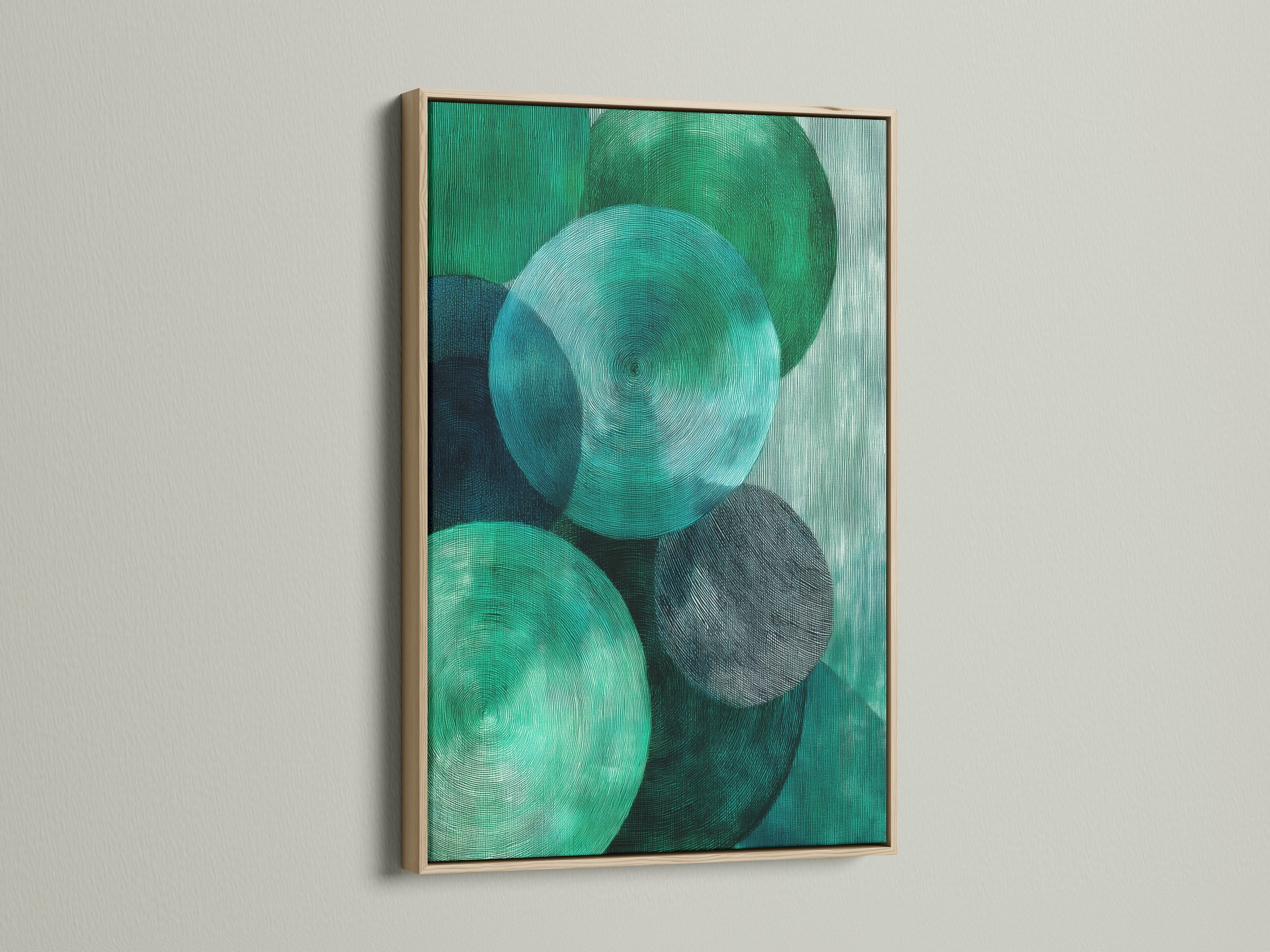 Abstract Geometric Canvas art in an oak frame. The artwork features emerald green circles. This modern textured print is great for office wall decor. Perfect for homeowners renters interior designers and business owners seeking elevated modern art.