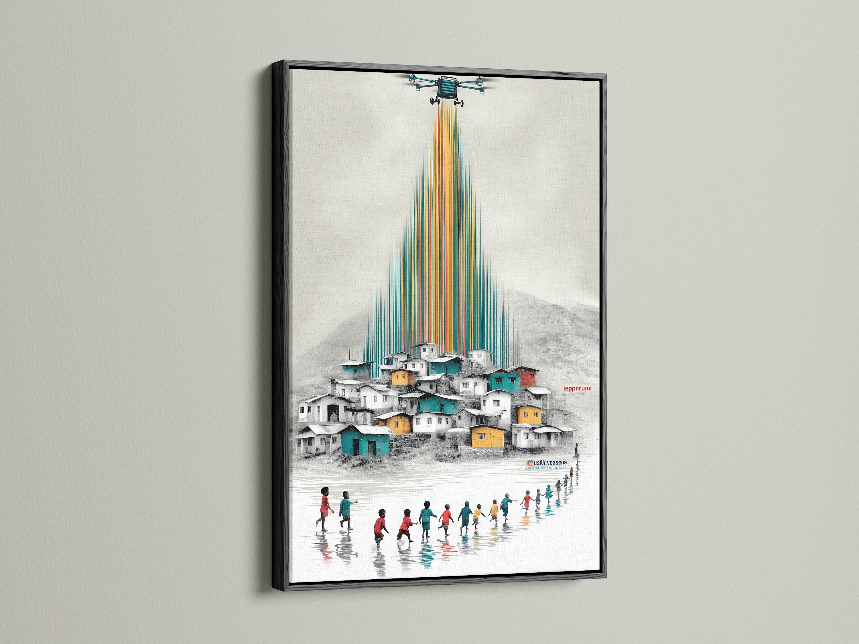 Global Children Canvas Artwork with a black frame. The artwork features a colorful village scene. Children are walking towards the village. This community art promotes cultural awareness. The colorful artwork is great for playroom wall art.