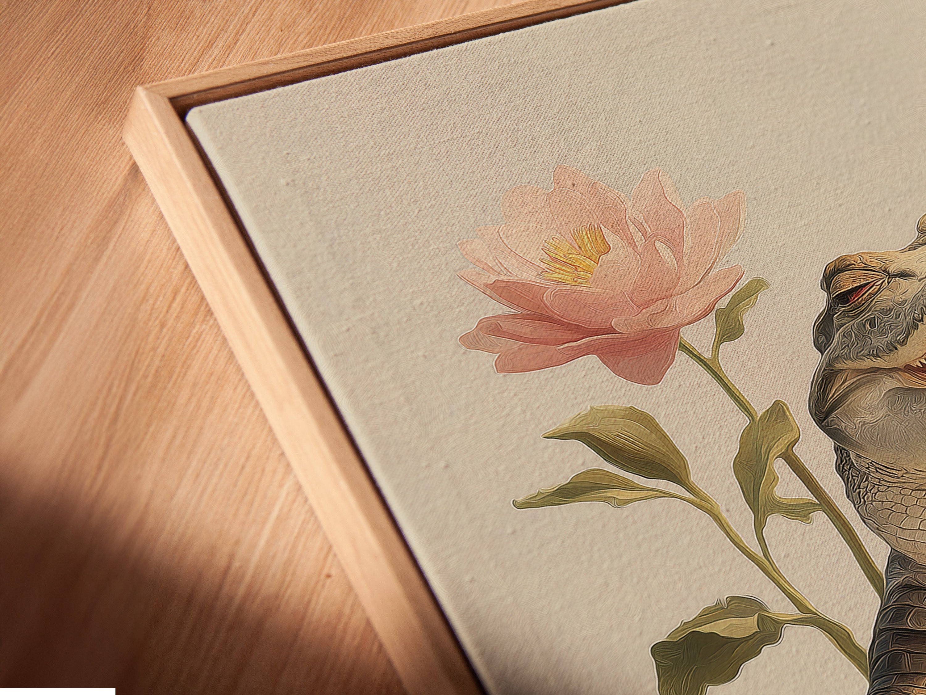 Angled close up of a canvas print in a floating frame. The artwork is the Zen Alligator meditating on a lotus flower. The floating frame gives a modern touch. It's ideal for contemporary spaces or yoga studio decor.