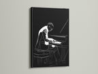 Admire this piano player artwork framed in black. The jazz musician canvas wall art makes a bold statement. Enhance your music room with black and white art. This musician canvas brings style to any space.