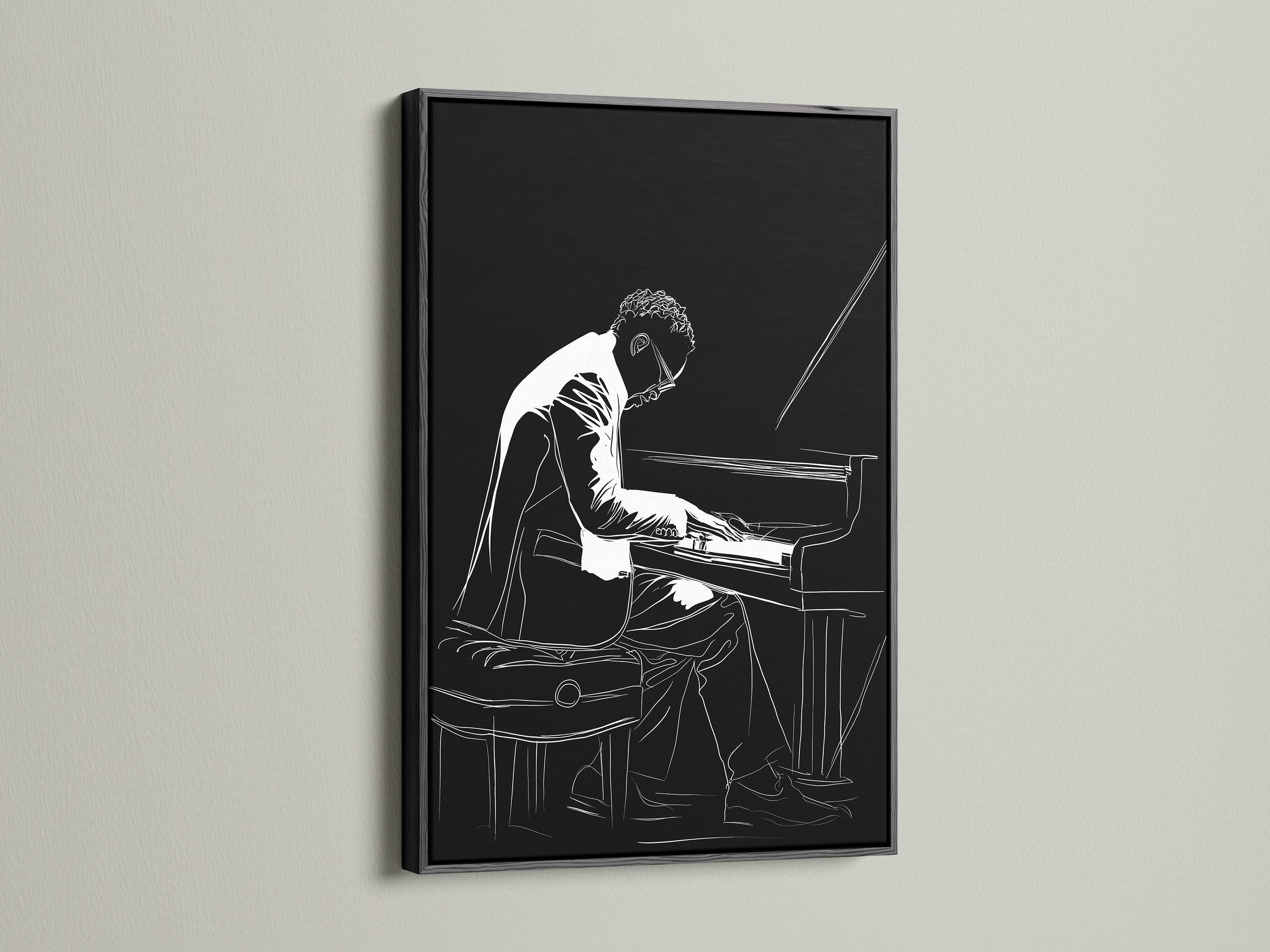 Admire this piano player artwork framed in black. The jazz musician canvas wall art makes a bold statement. Enhance your music room with black and white art. This musician canvas brings style to any space.
