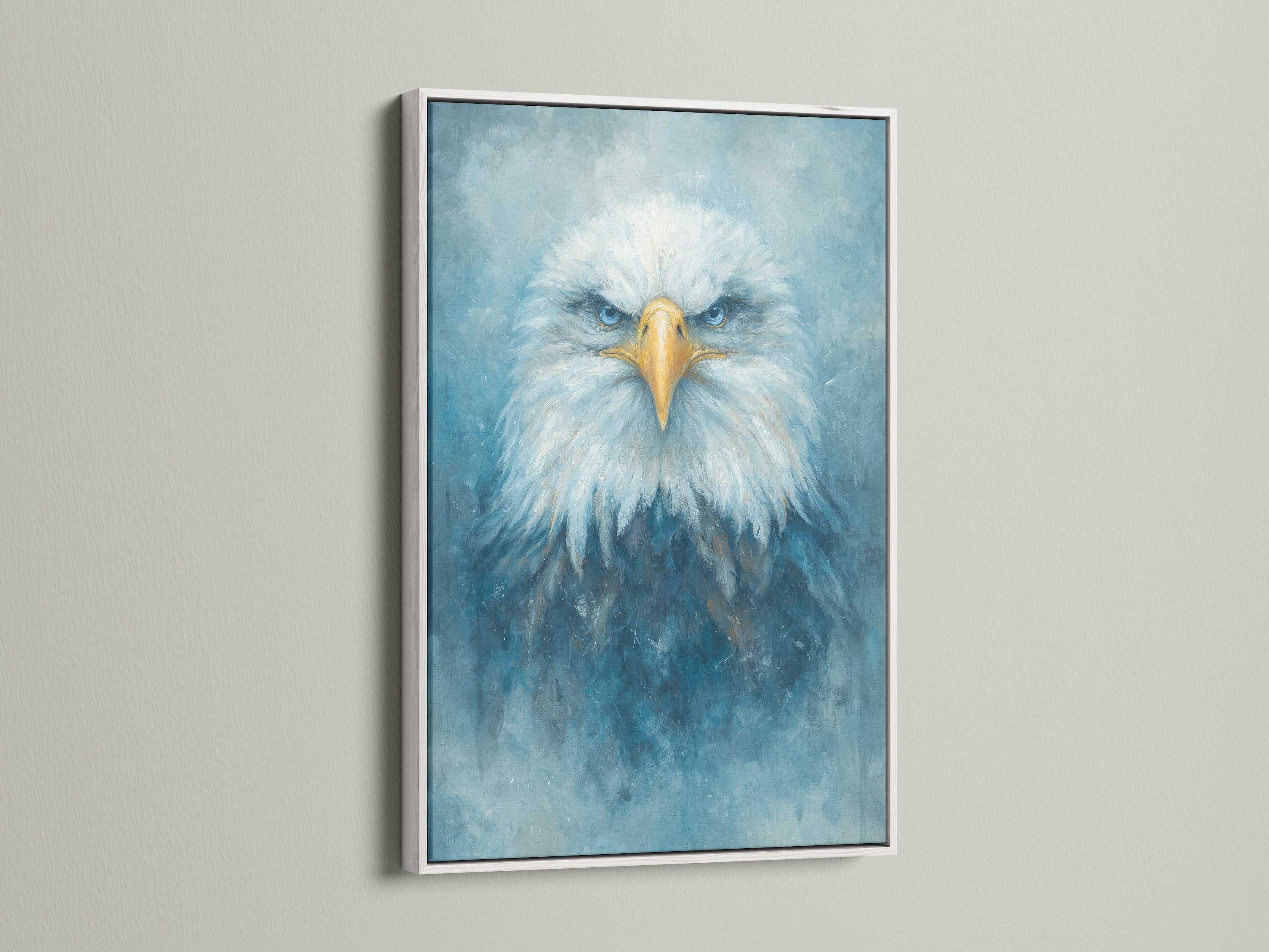 The watercolor eagle art is showcased in a clean white frame. The majestic bird's piercing blue eyes draw you in. It adds a touch of elegance to any room. This wildlife artwork is perfect for contemporary and Scandinavian styles.