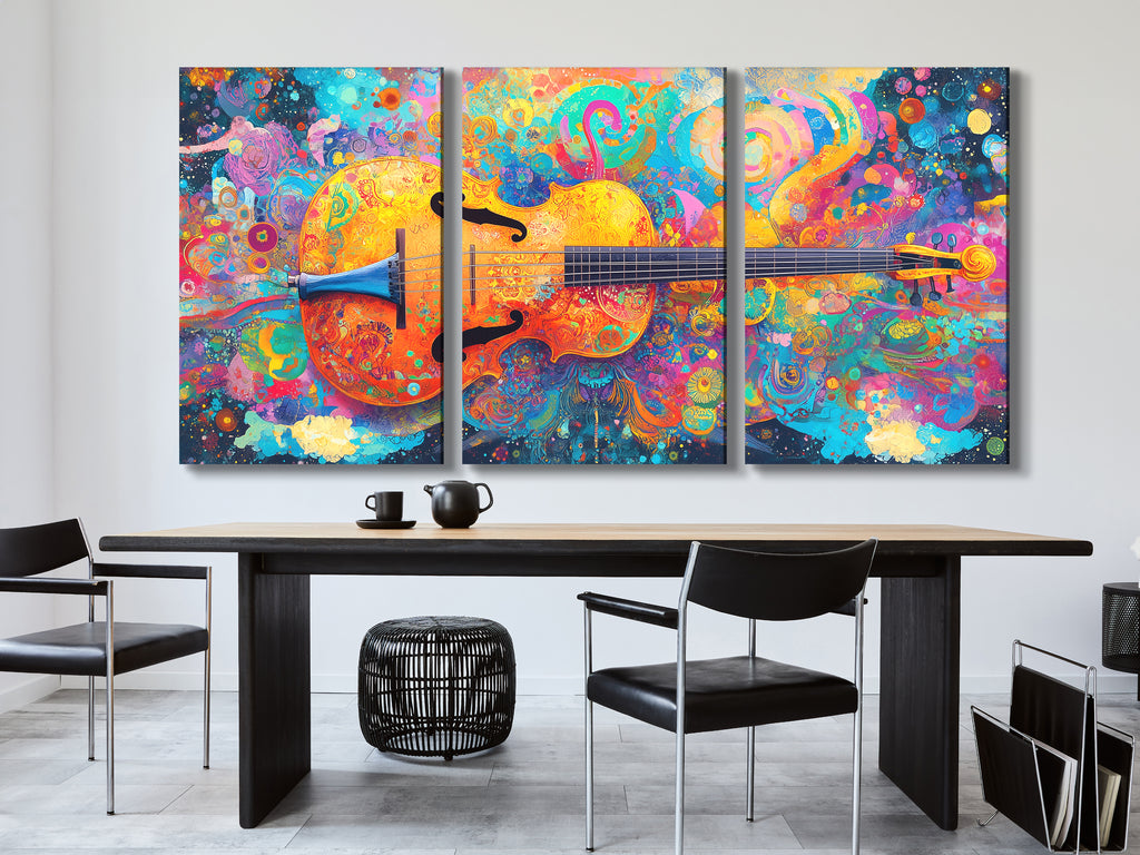 Psychedelic Cello Canvas Print – Vibrant Swirl Music Decor, Bold Colorful Boho-Style Art