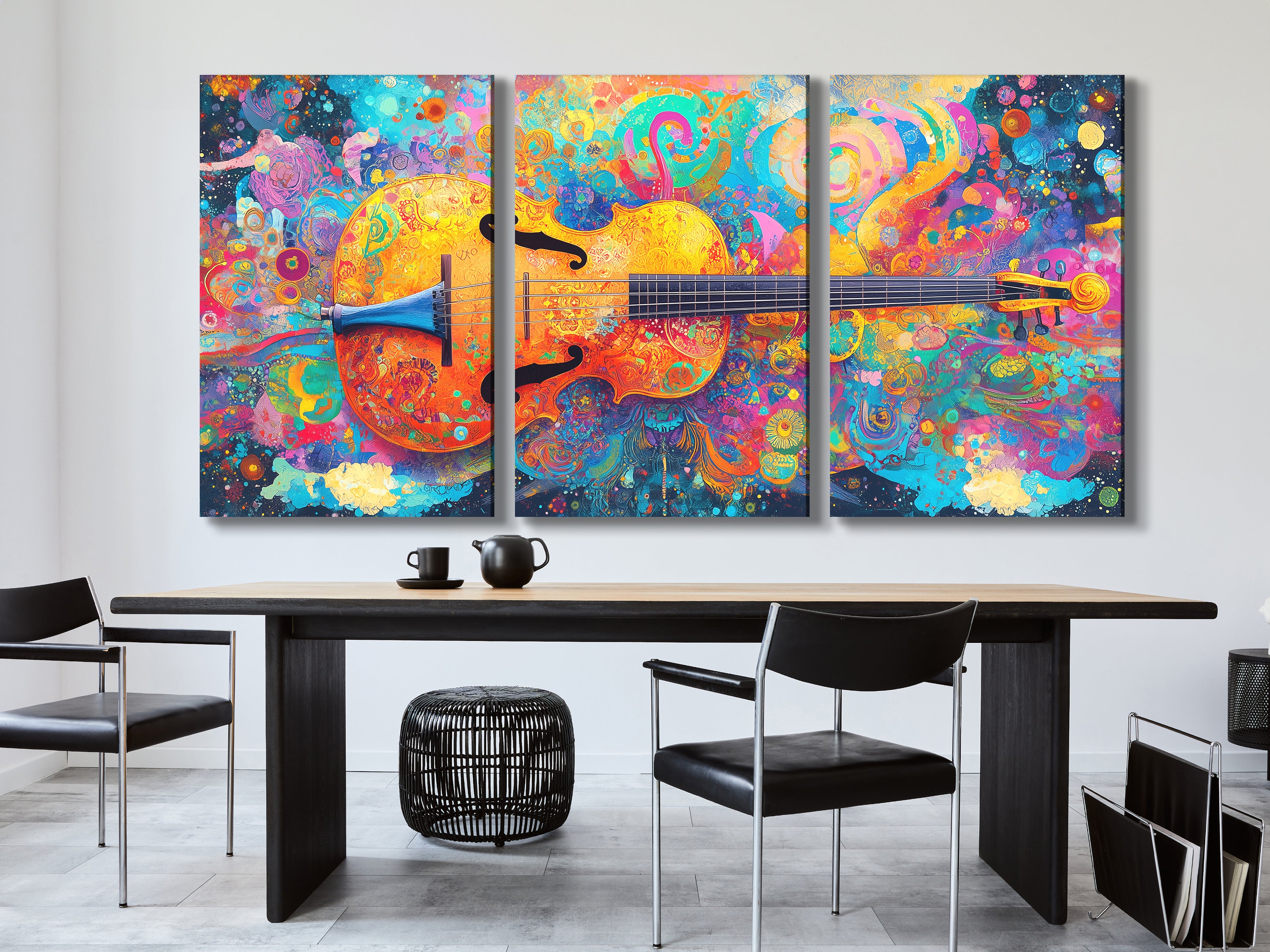 Psychedelische cello canvas print - levendige wervelende muziekdecoratie, gewaagde kleurrijke kunst in boho-stijl