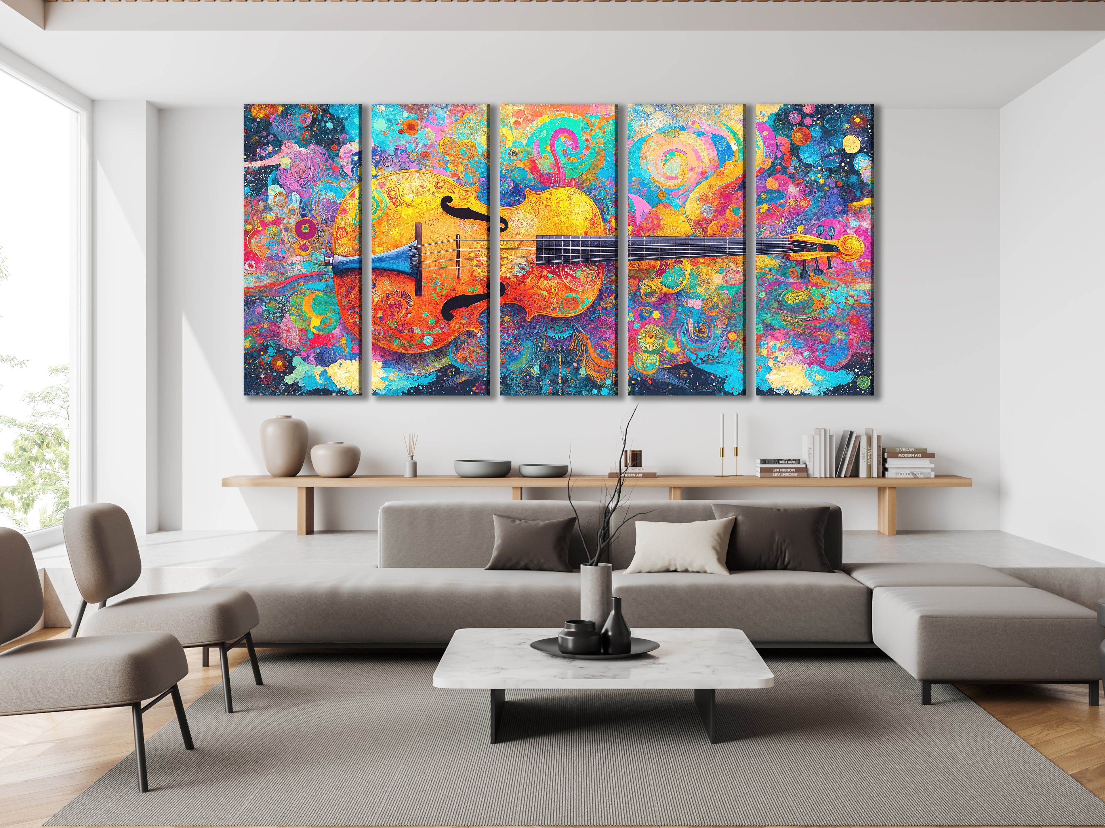 Psychedelische cello canvas print - levendige wervelende muziekdecoratie, gewaagde kleurrijke kunst in boho-stijl