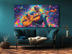 Canvasprint van een dynamische bassist – Explosieve kleurenspatmuziekdecoratie, levendige jazzfunkenergie