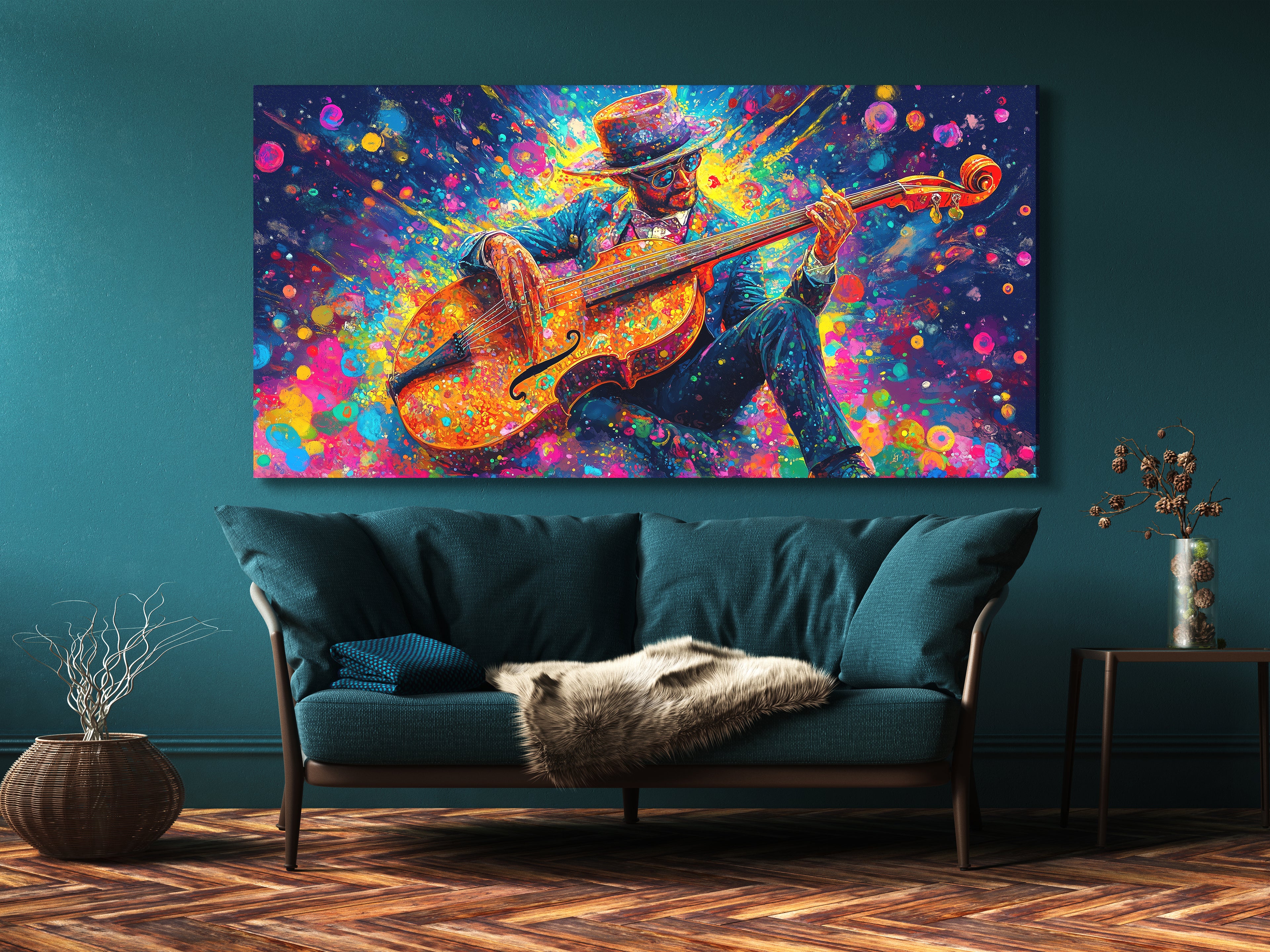 Canvasprint van een dynamische bassist – Explosieve kleurenspatmuziekdecoratie, levendige jazzfunkenergie