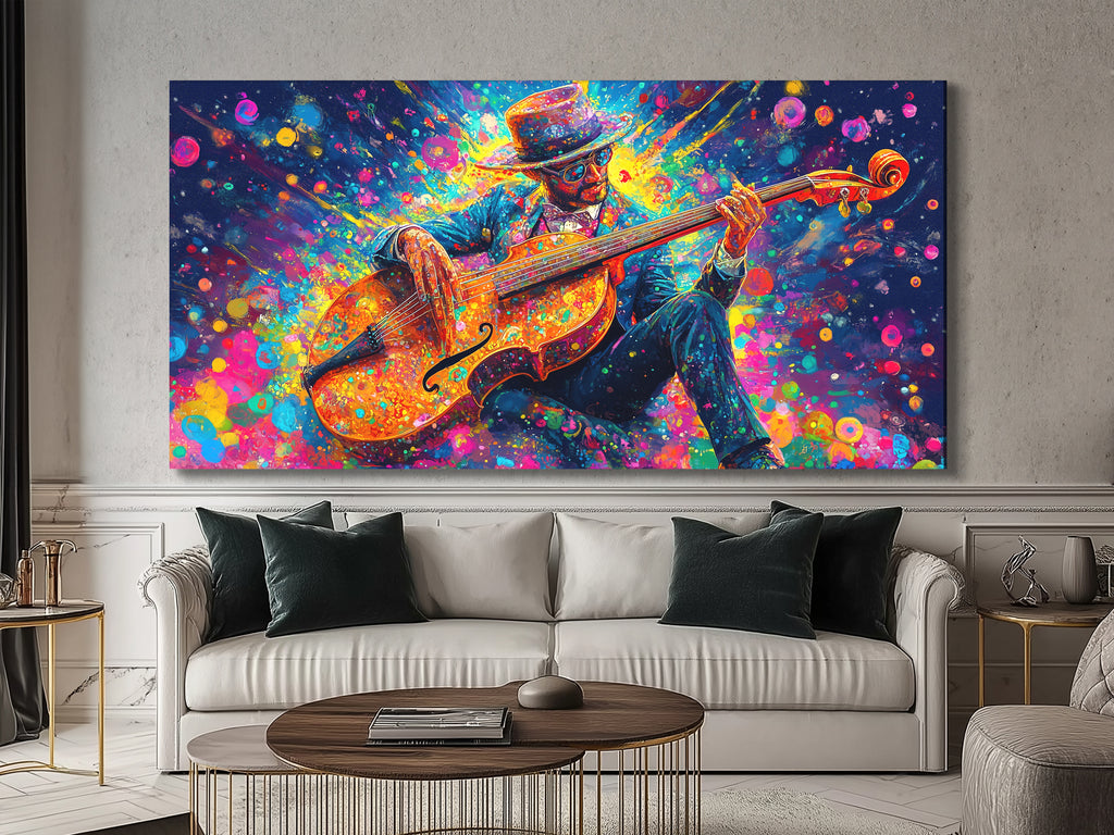 Canvasprint van een dynamische bassist – Explosieve kleurenspatmuziekdecoratie, levendige jazzfunkenergie
