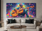 Canvasprint van een dynamische bassist – Explosieve kleurenspatmuziekdecoratie, levendige jazzfunkenergie