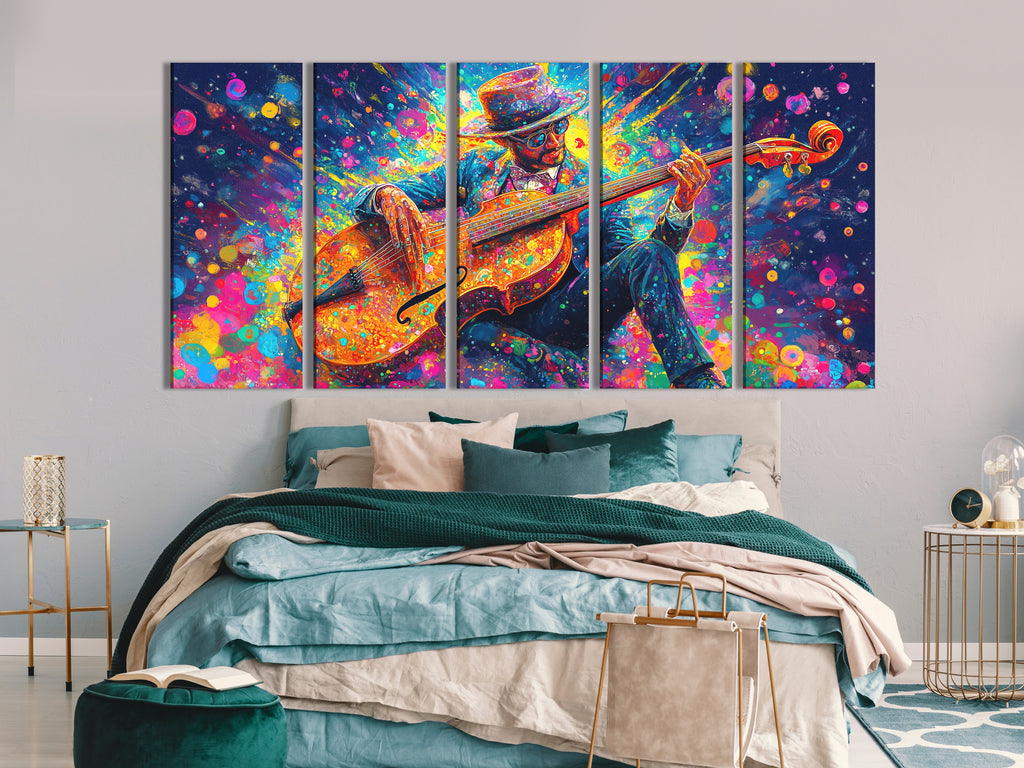Canvasprint van een dynamische bassist – Explosieve kleurenspatmuziekdecoratie, levendige jazzfunkenergie