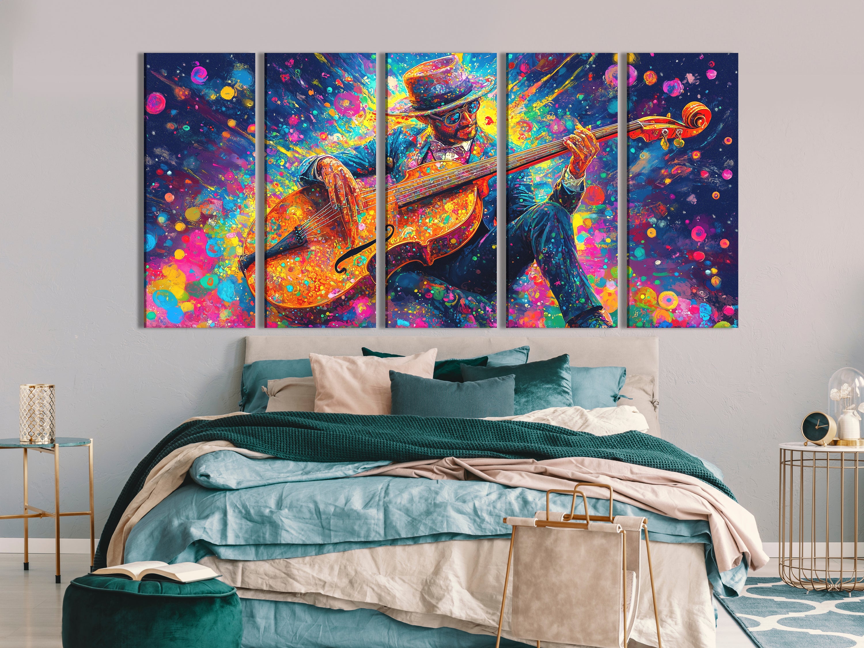 Canvasprint van een dynamische bassist – Explosieve kleurenspatmuziekdecoratie, levendige jazzfunkenergie