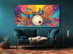 Canvasprint van een Colorburst Drum Kit – Krachtige Drummerkunst, Explosief Regenboogspatontwerp