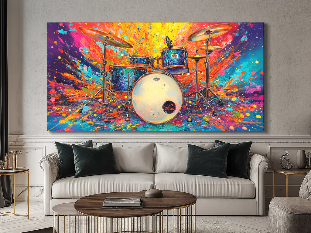 Canvasprint van een Colorburst Drum Kit – Krachtige Drummerkunst, Explosief Regenboogspatontwerp