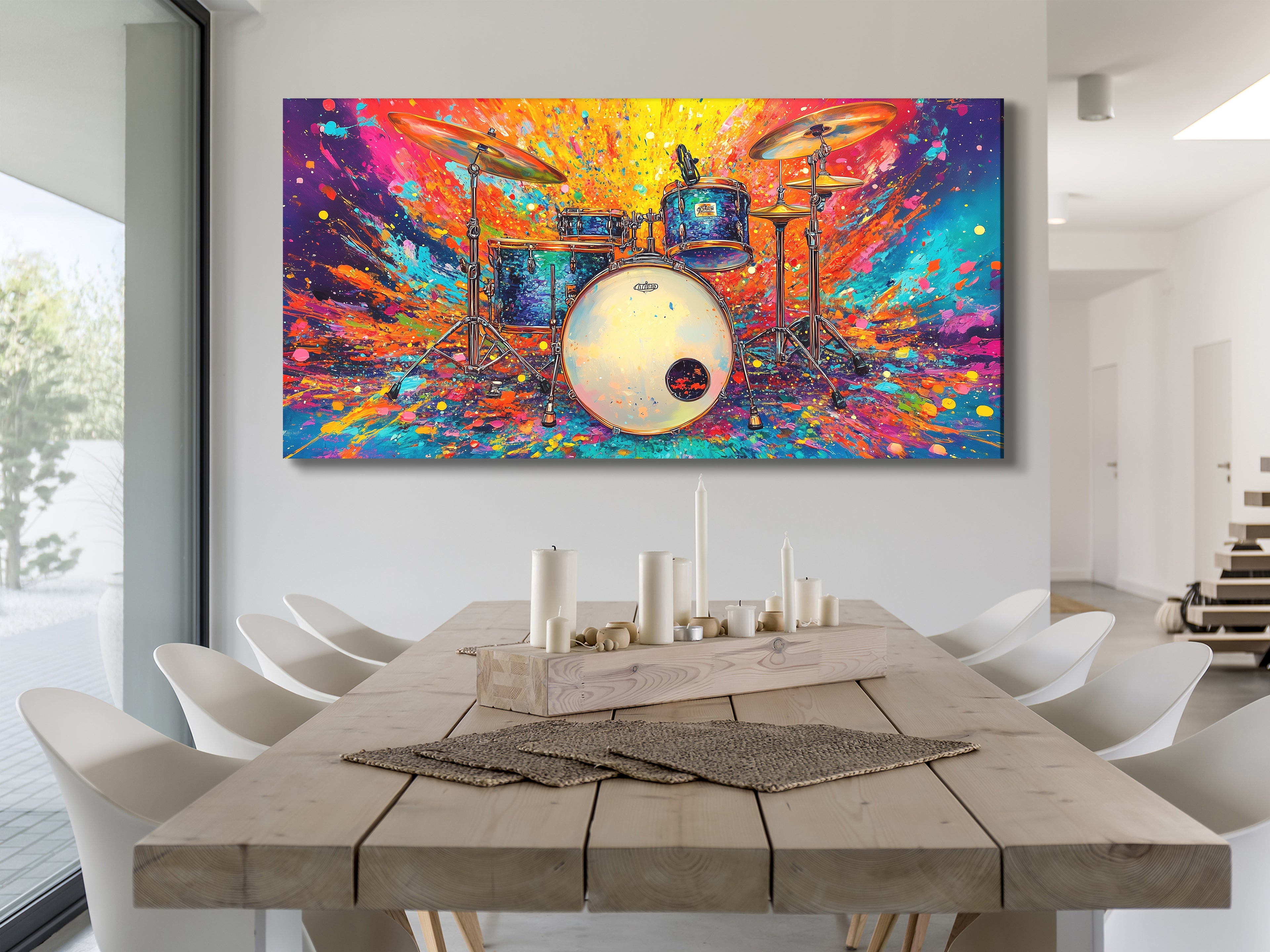 Canvasprint van een Colorburst Drum Kit – Krachtige Drummerkunst, Explosief Regenboogspatontwerp