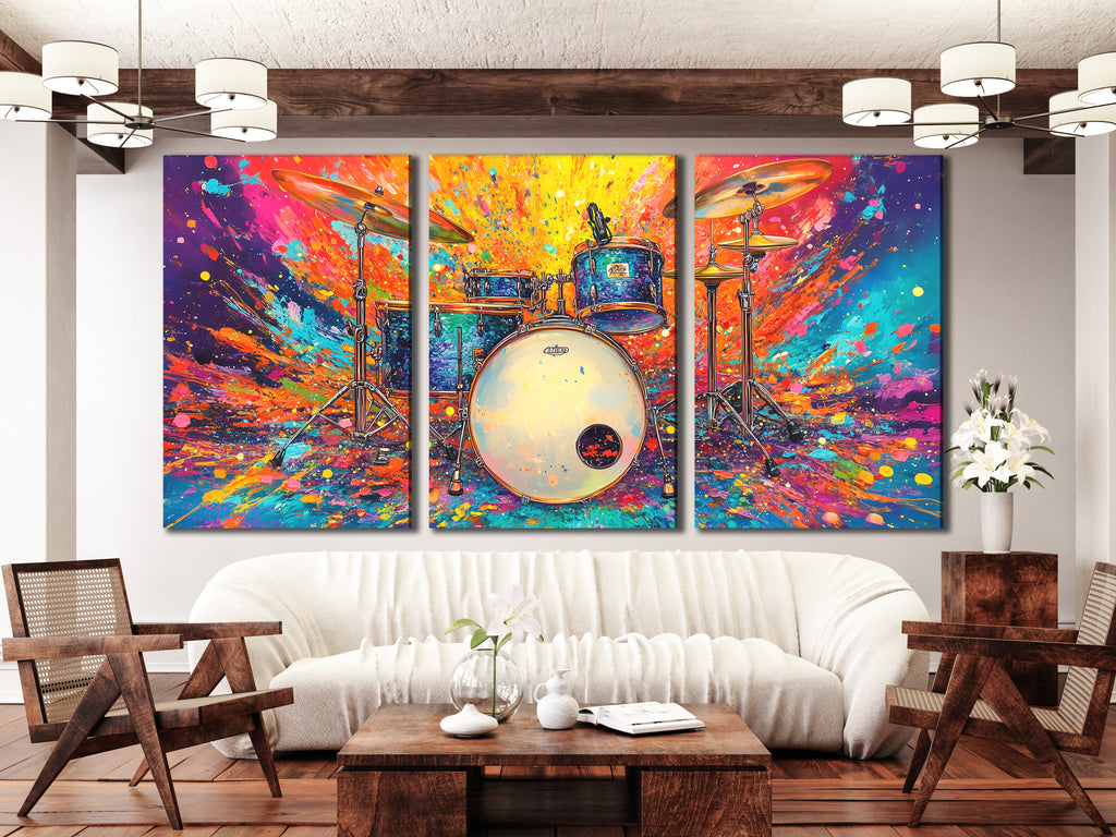 Canvasprint van een Colorburst Drum Kit – Krachtige Drummerkunst, Explosief Regenboogspatontwerp