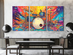 Canvasprint van een Colorburst Drum Kit – Krachtige Drummerkunst, Explosief Regenboogspatontwerp