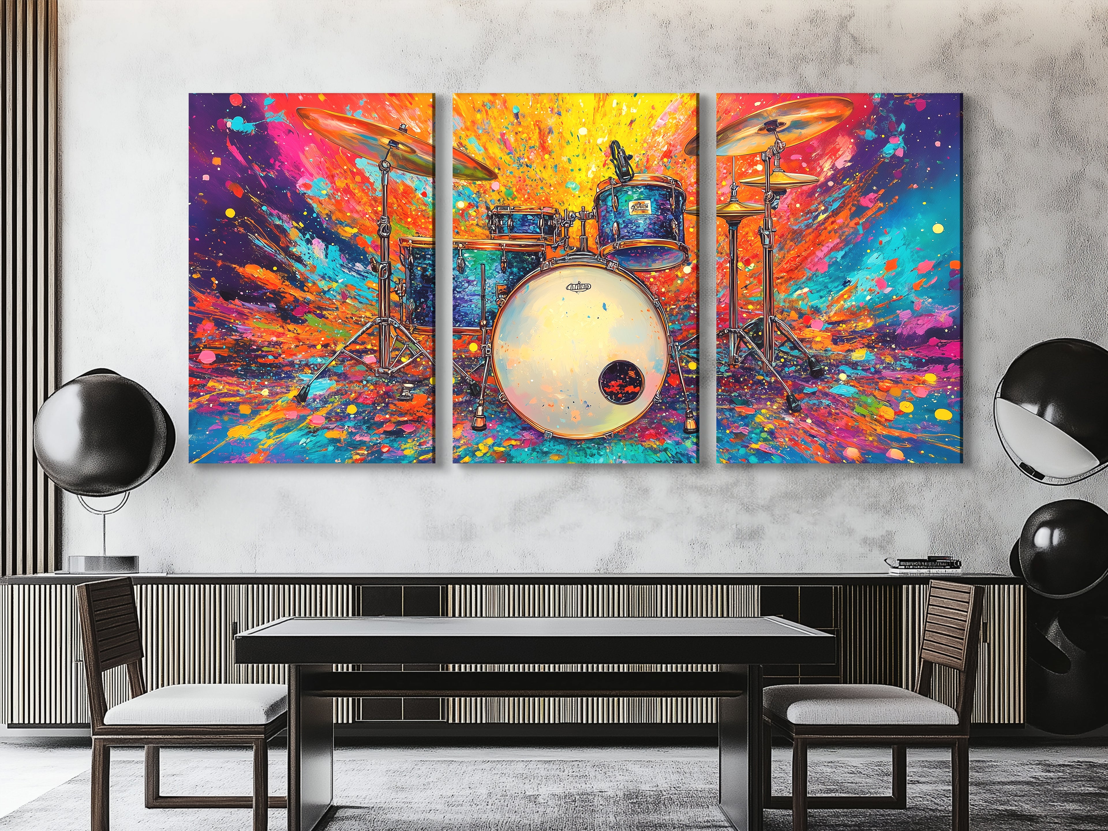 Canvasprint van een Colorburst Drum Kit – Krachtige Drummerkunst, Explosief Regenboogspatontwerp