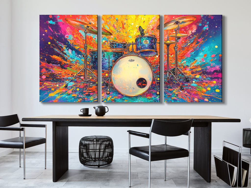 Canvasprint van een Colorburst Drum Kit – Krachtige Drummerkunst, Explosief Regenboogspatontwerp