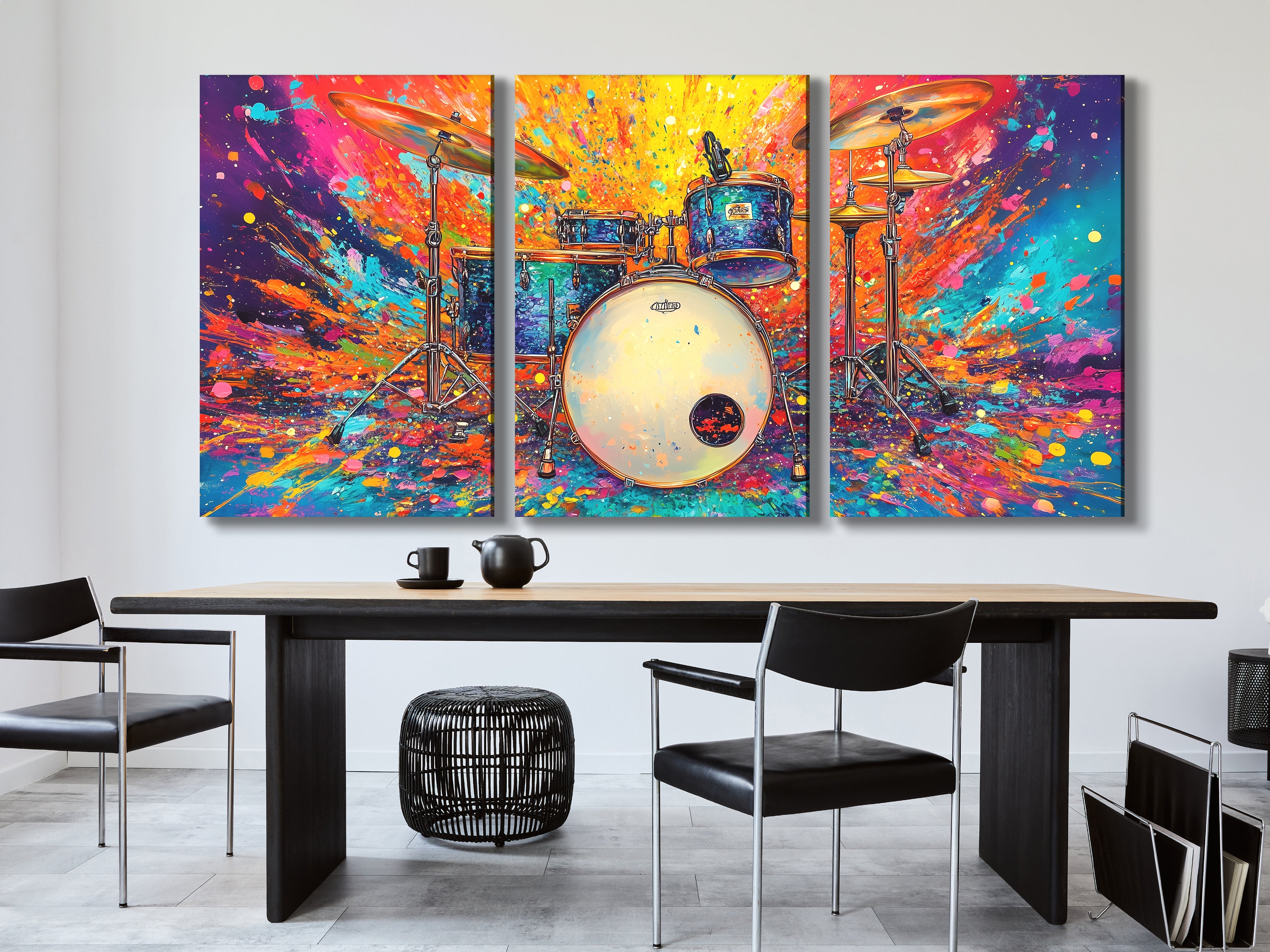 Canvasprint van een Colorburst Drum Kit – Krachtige Drummerkunst, Explosief Regenboogspatontwerp