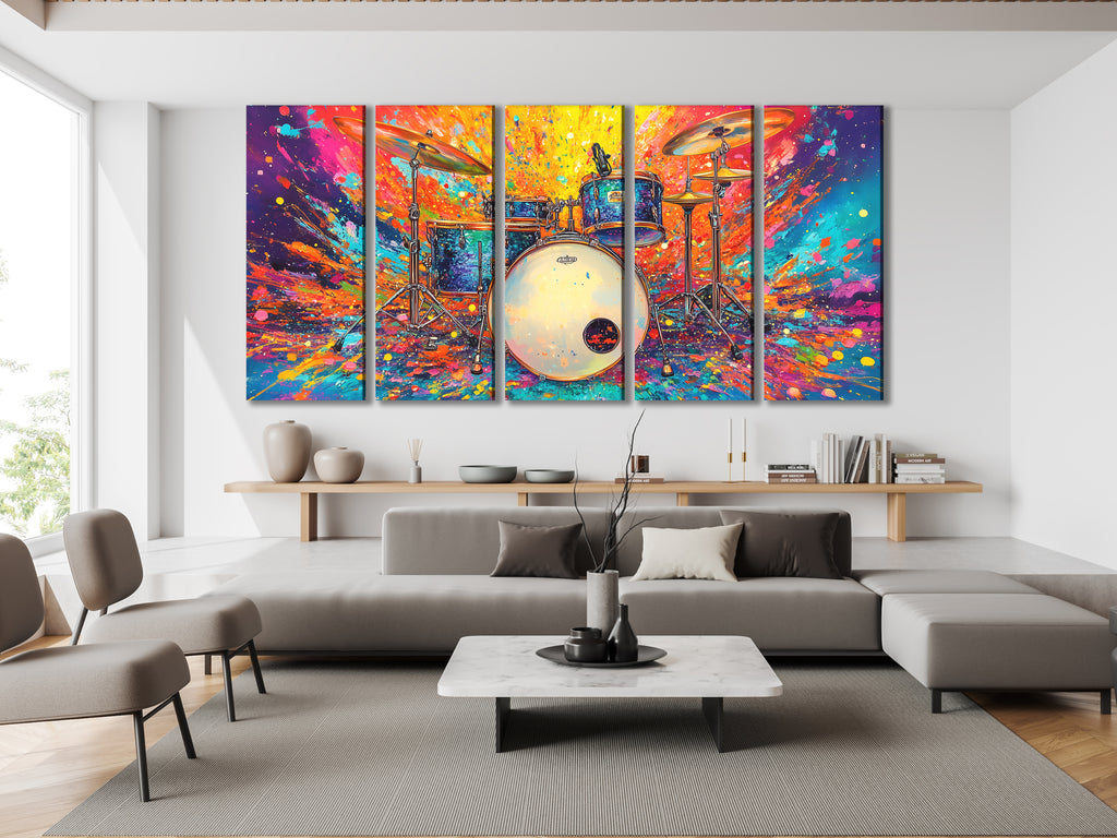 Canvasprint van een Colorburst Drum Kit – Krachtige Drummerkunst, Explosief Regenboogspatontwerp