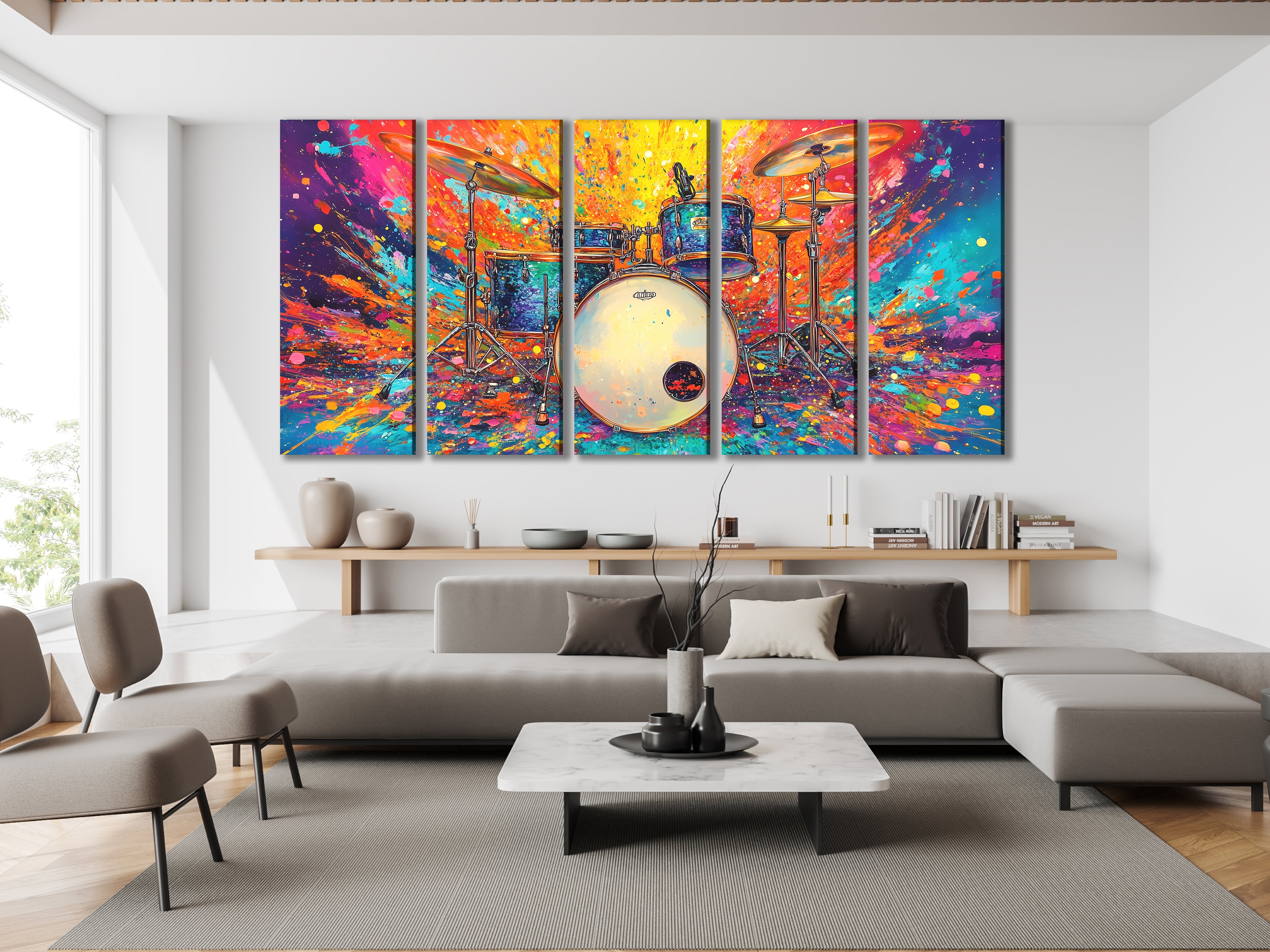 Canvasprint van een Colorburst Drum Kit – Krachtige Drummerkunst, Explosief Regenboogspatontwerp