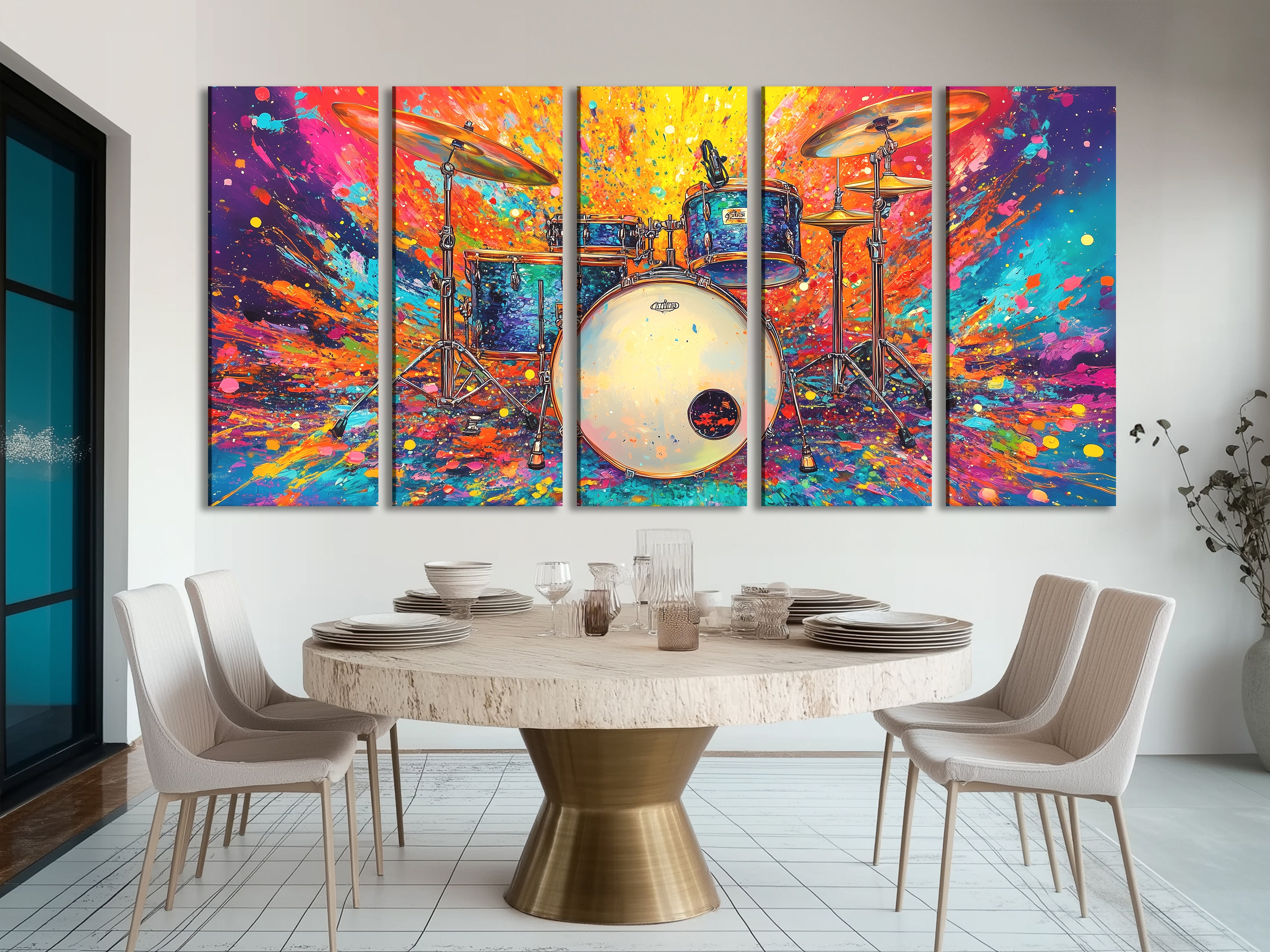 Canvasprint van een Colorburst Drum Kit – Krachtige Drummerkunst, Explosief Regenboogspatontwerp