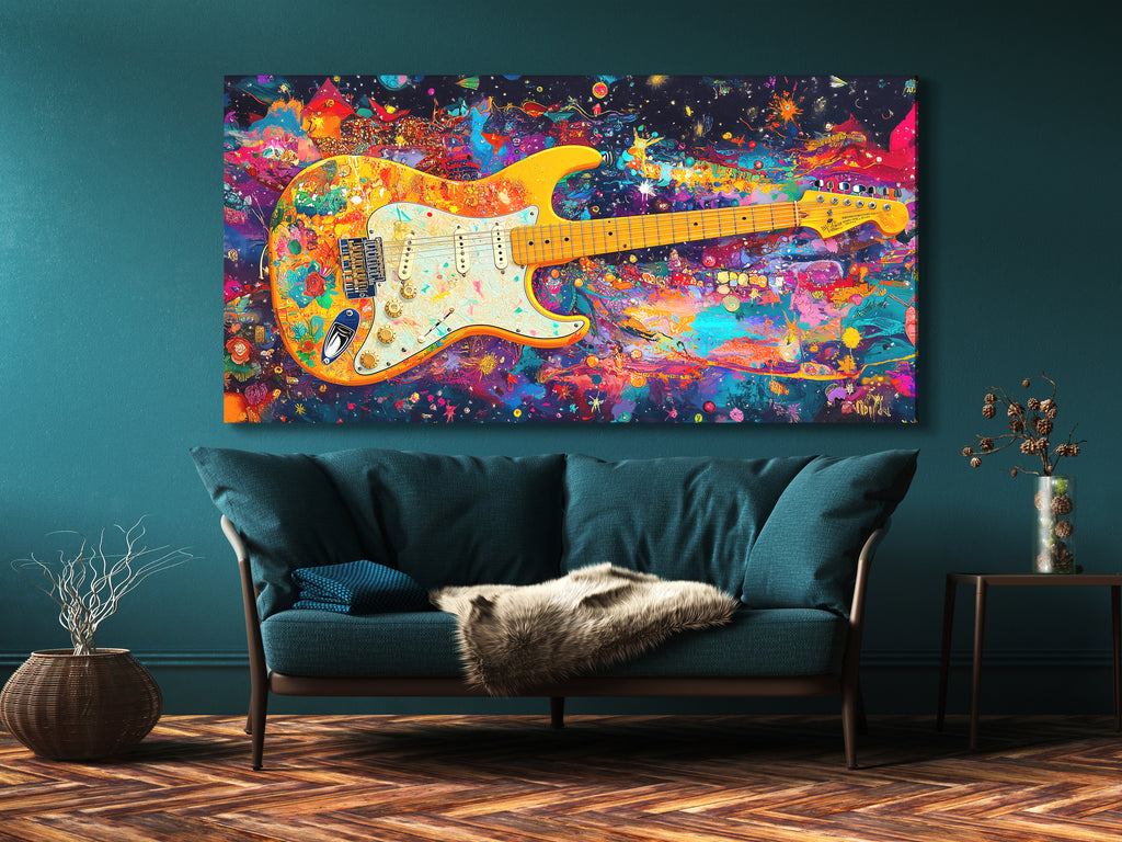 Psychedelic Electric Guitar Canvas Print – Funky Rainbow Rock Art, Bold Colorful Music Décor