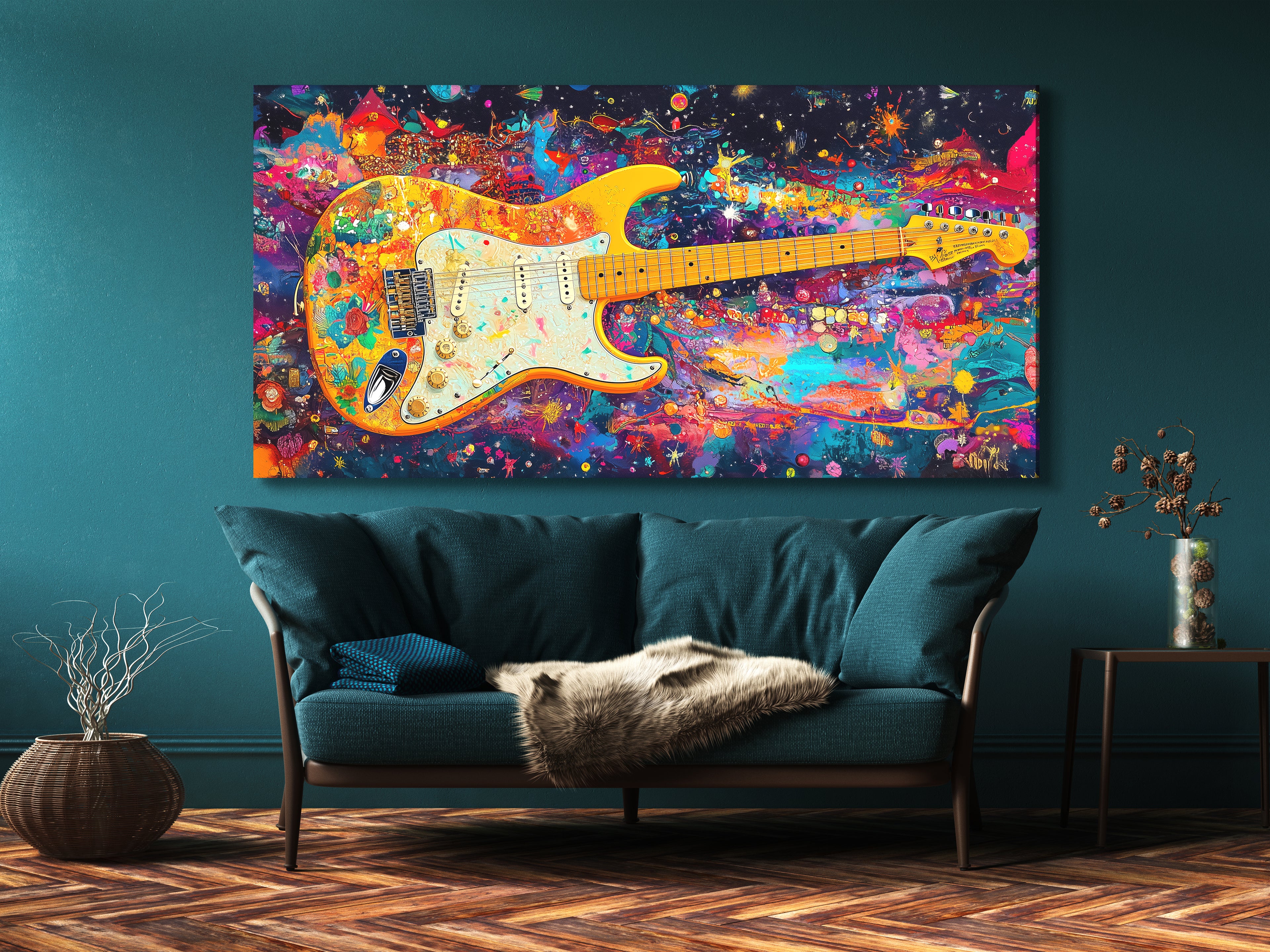 Canvasprint van een psychedelische elektrische gitaar – Funky regenboogrockkunst, kleurrijke muziekdecoratie