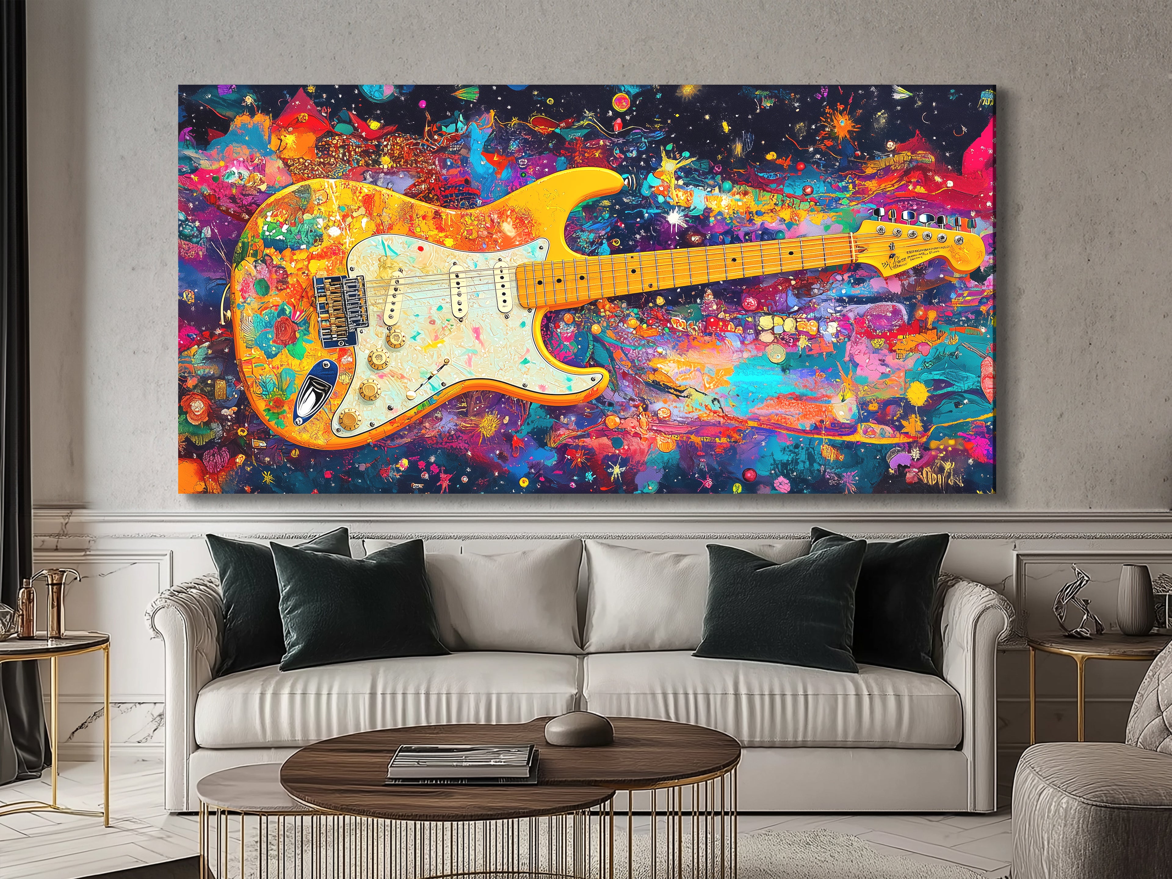 Canvasprint van een psychedelische elektrische gitaar – Funky regenboogrockkunst, kleurrijke muziekdecoratie