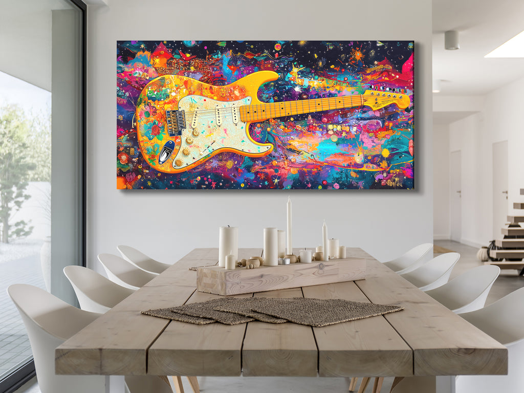 Psychedelic Electric Guitar Canvas Print – Funky Rainbow Rock Art, Bold Colorful Music Décor