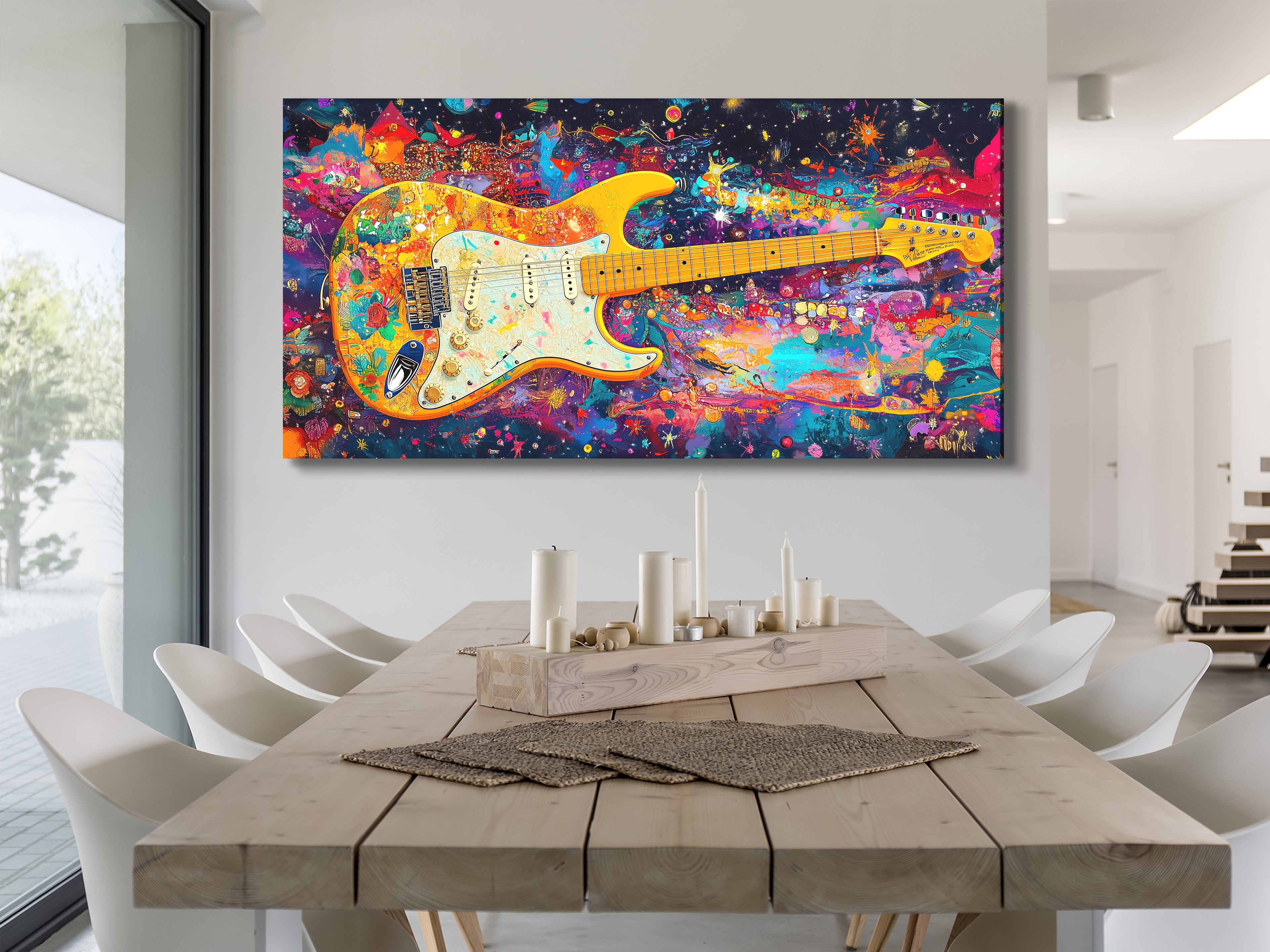 Canvasprint van een psychedelische elektrische gitaar – Funky regenboogrockkunst, kleurrijke muziekdecoratie