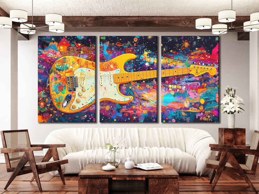 Psychedelic Electric Guitar Canvas Print – Funky Rainbow Rock Art, Bold Colorful Music Décor