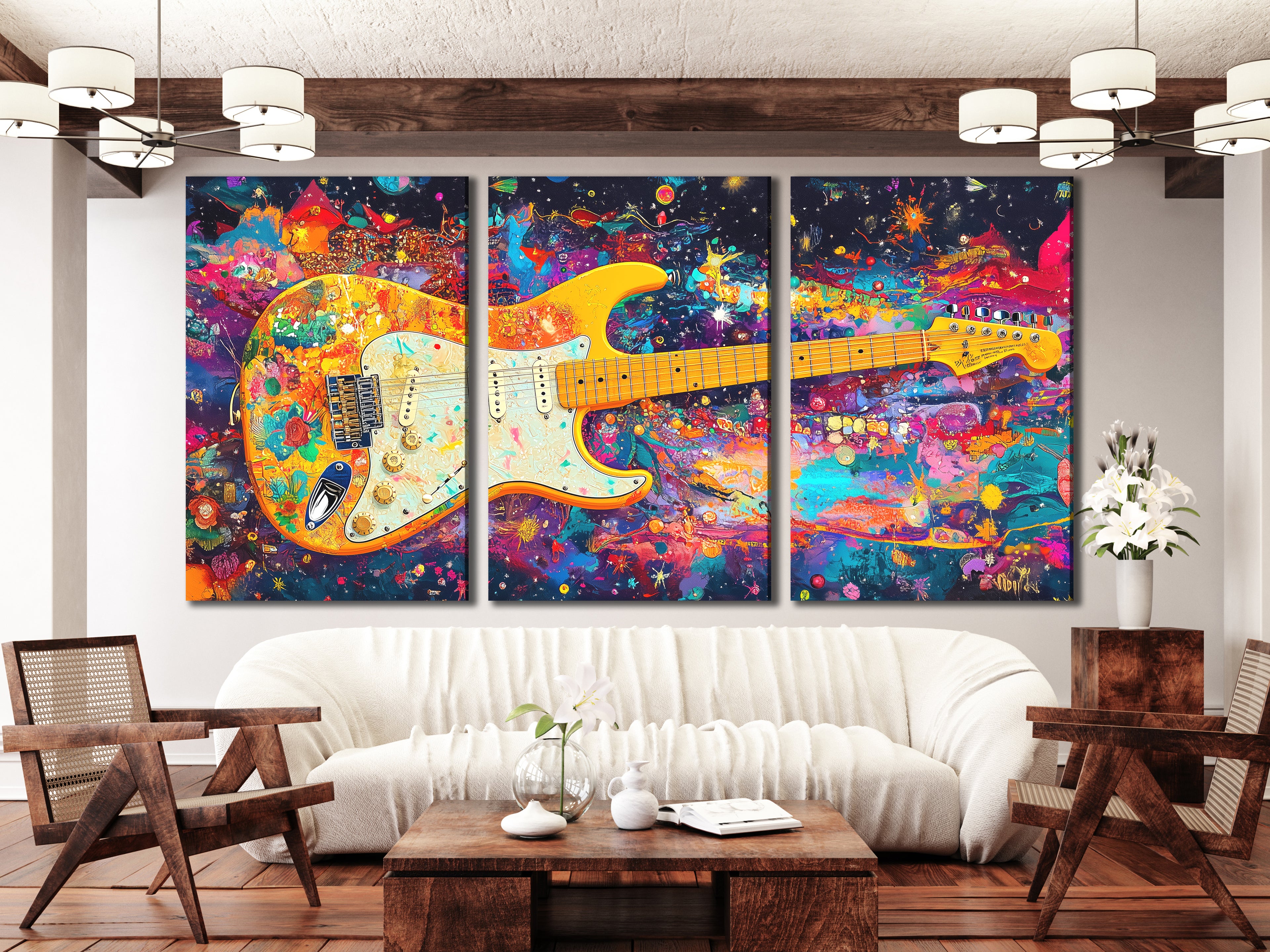 Canvasprint van een psychedelische elektrische gitaar – Funky regenboogrockkunst, kleurrijke muziekdecoratie