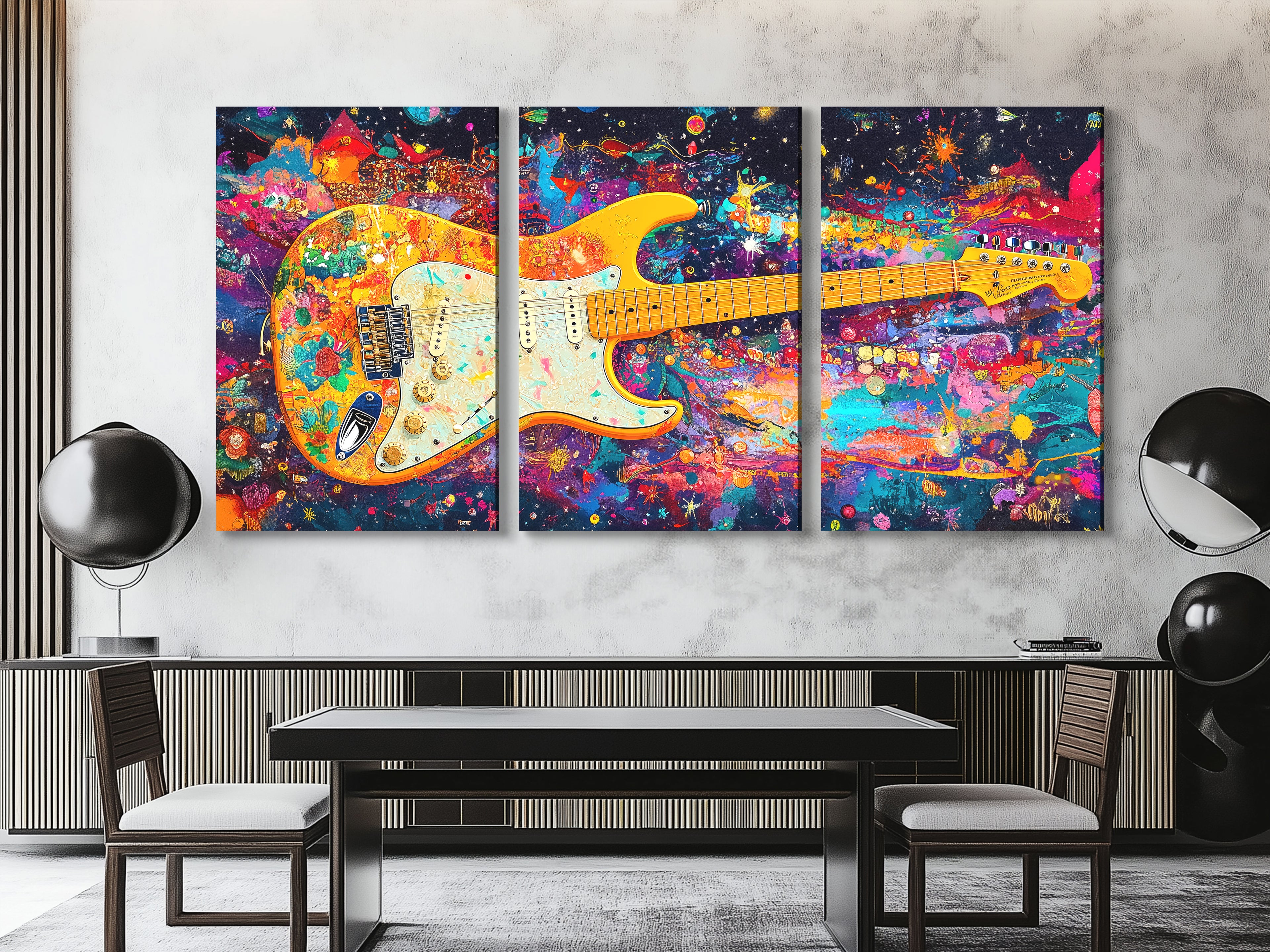 Canvasprint van een psychedelische elektrische gitaar – Funky regenboogrockkunst, kleurrijke muziekdecoratie