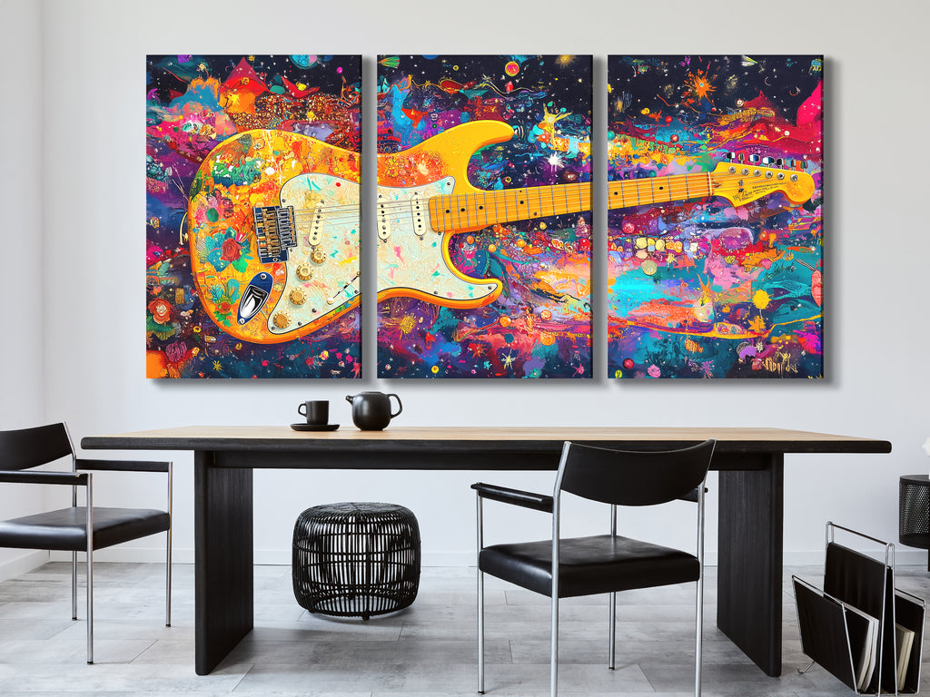 Psychedelic Electric Guitar Canvas Print – Funky Rainbow Rock Art, Bold Colorful Music Décor