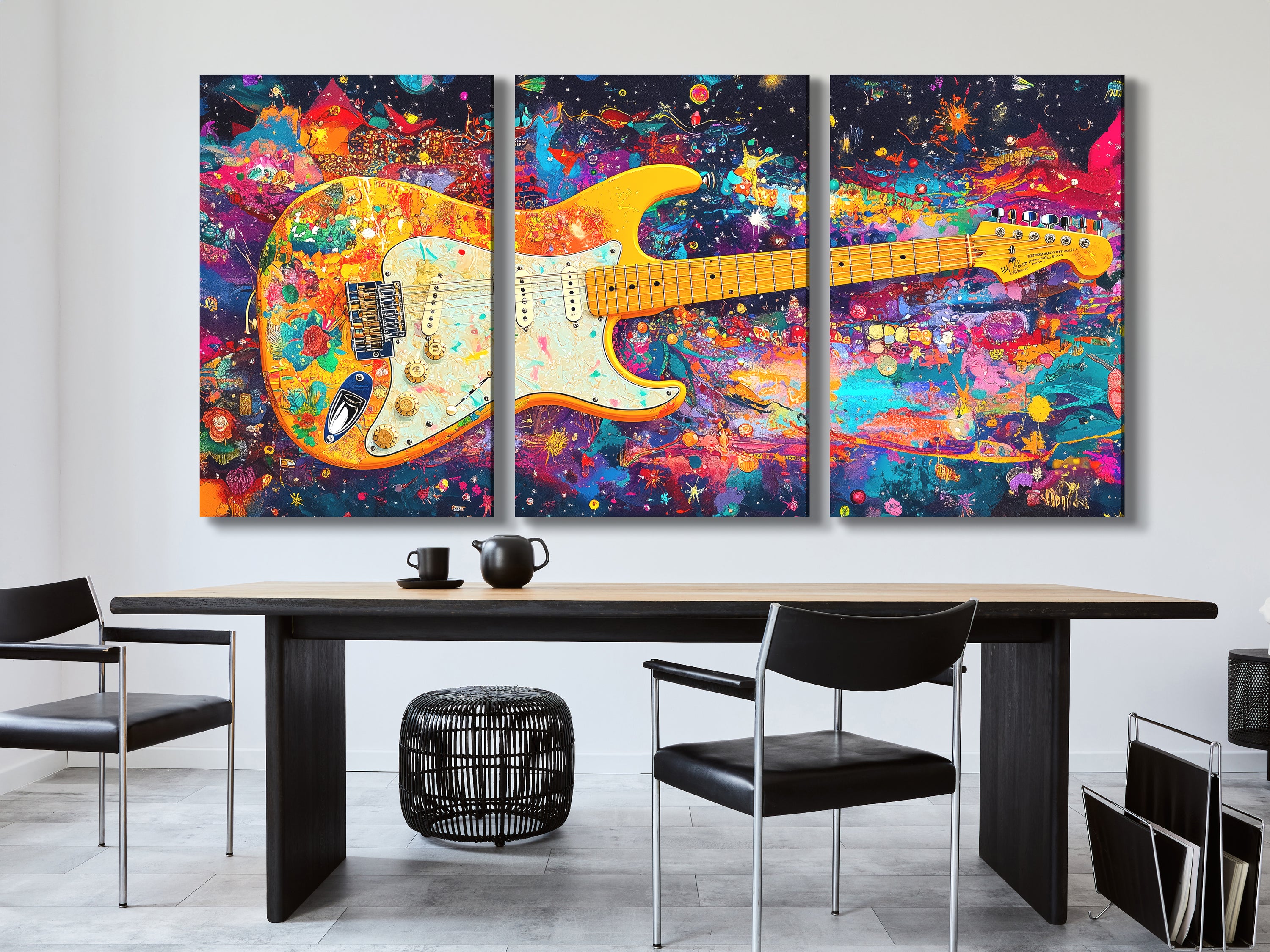 Psychedelic Electric Guitar Canvas Print – Funky Rainbow Rock Art, Bold Colorful Music Décor