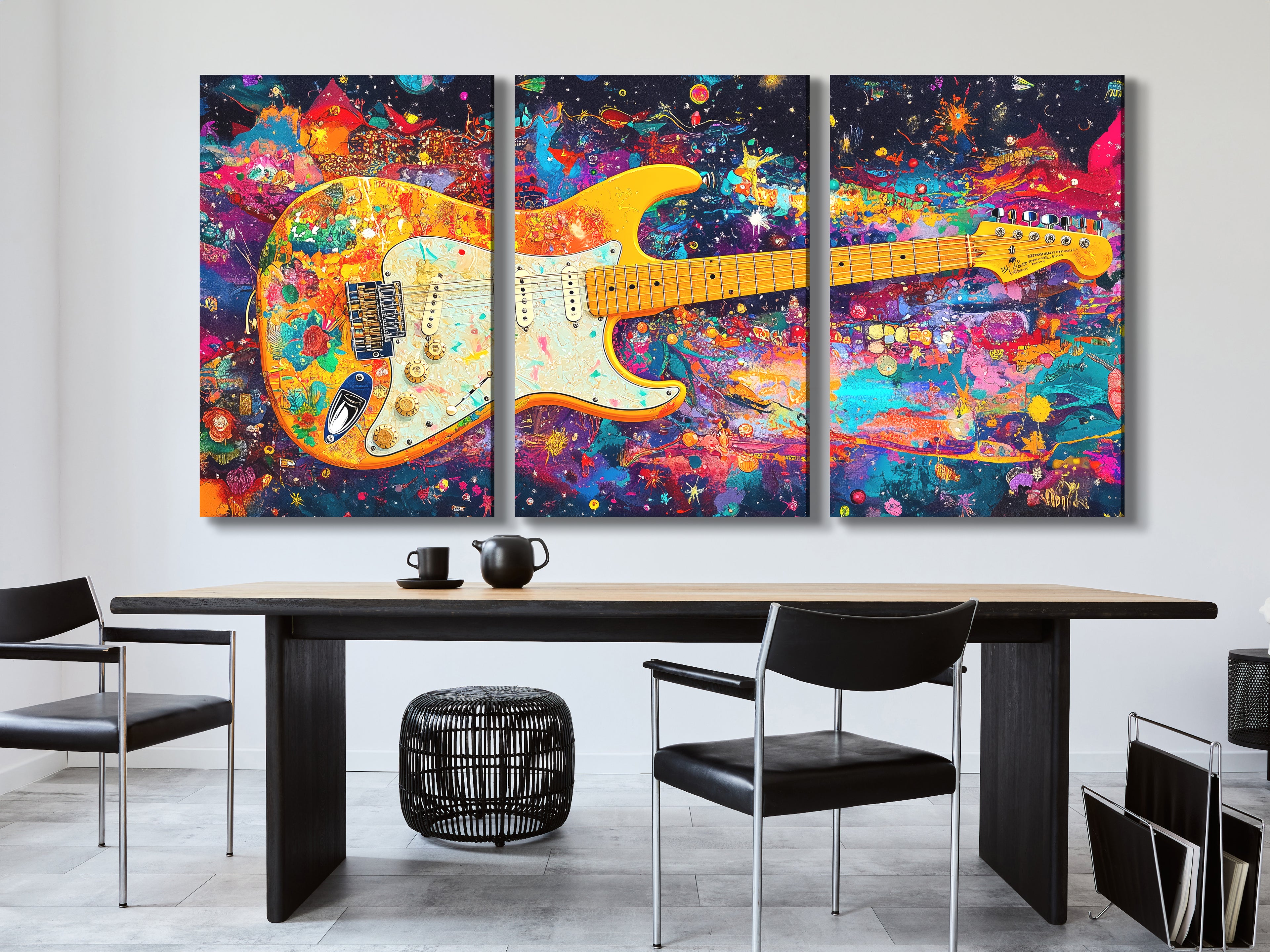 Canvasprint van een psychedelische elektrische gitaar – Funky regenboogrockkunst, kleurrijke muziekdecoratie