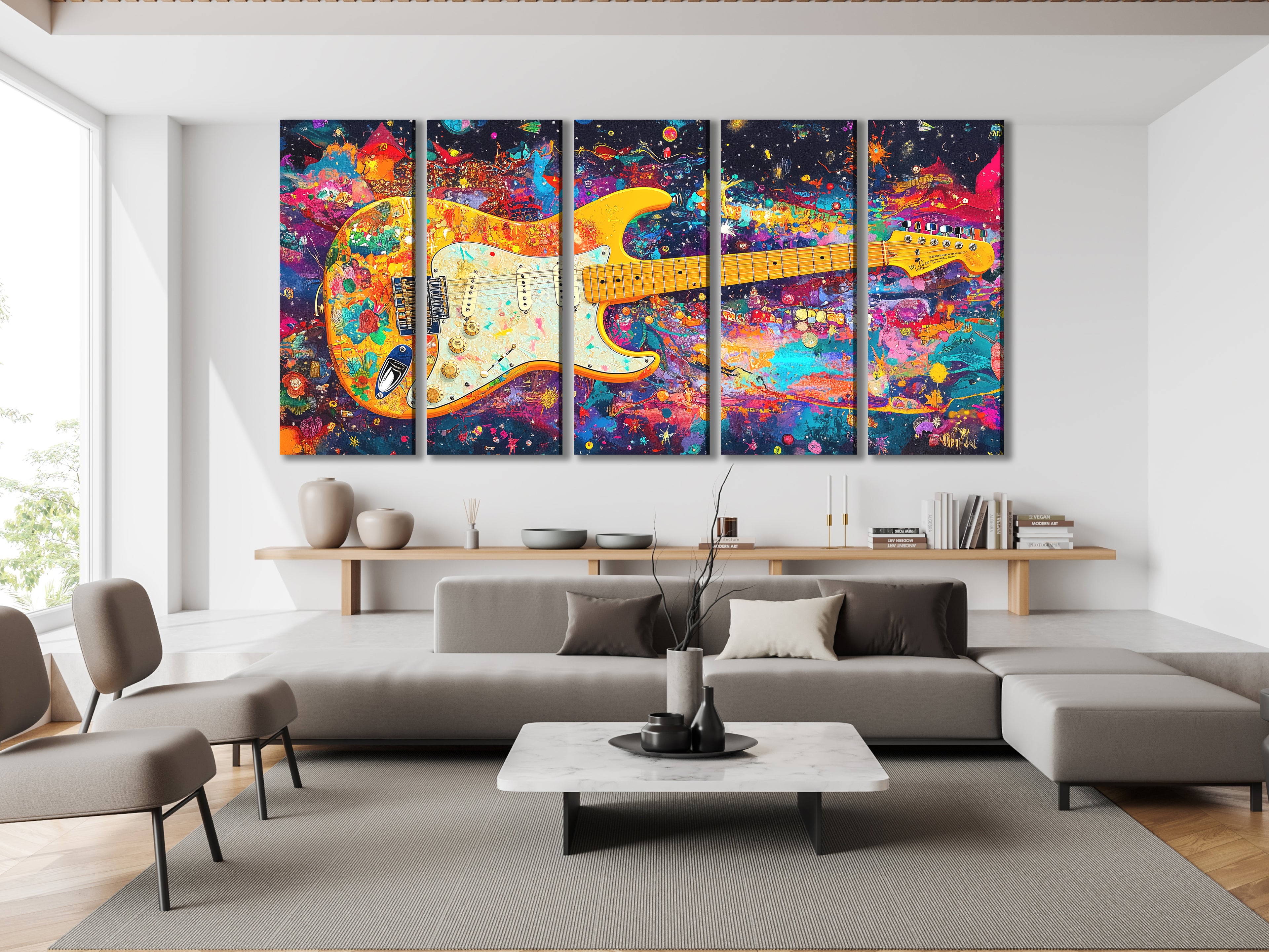 Psychedelic Electric Guitar Canvas Print – Funky Rainbow Rock Art, Bold Colorful Music Décor