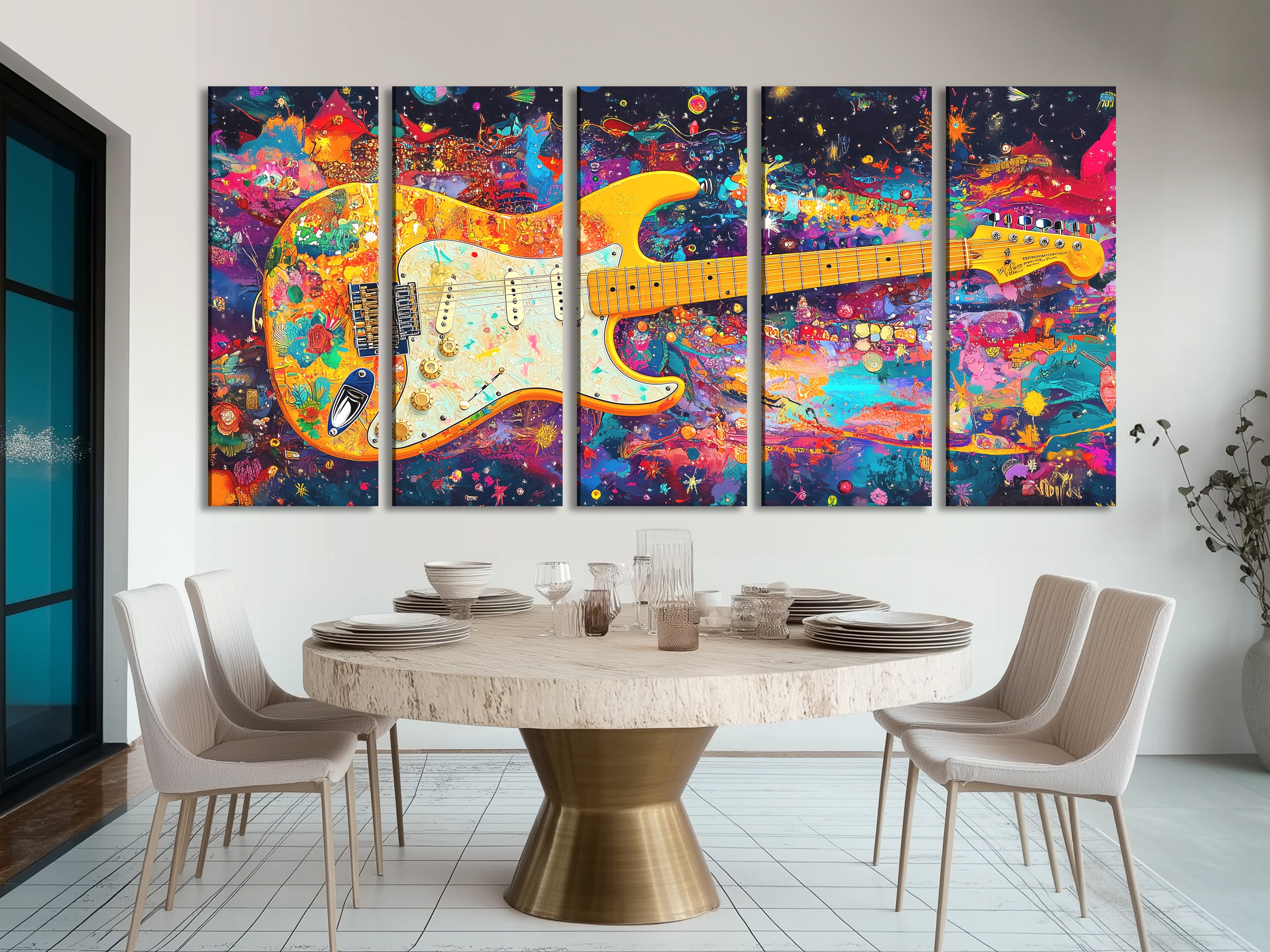 Psychedelic Electric Guitar Canvas Print – Funky Rainbow Rock Art, Bold Colorful Music Décor