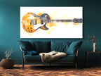 Abstracte elektrische gitaar canvas print - warme goud-witte muziekdecoratie, moderne gitaarkunst