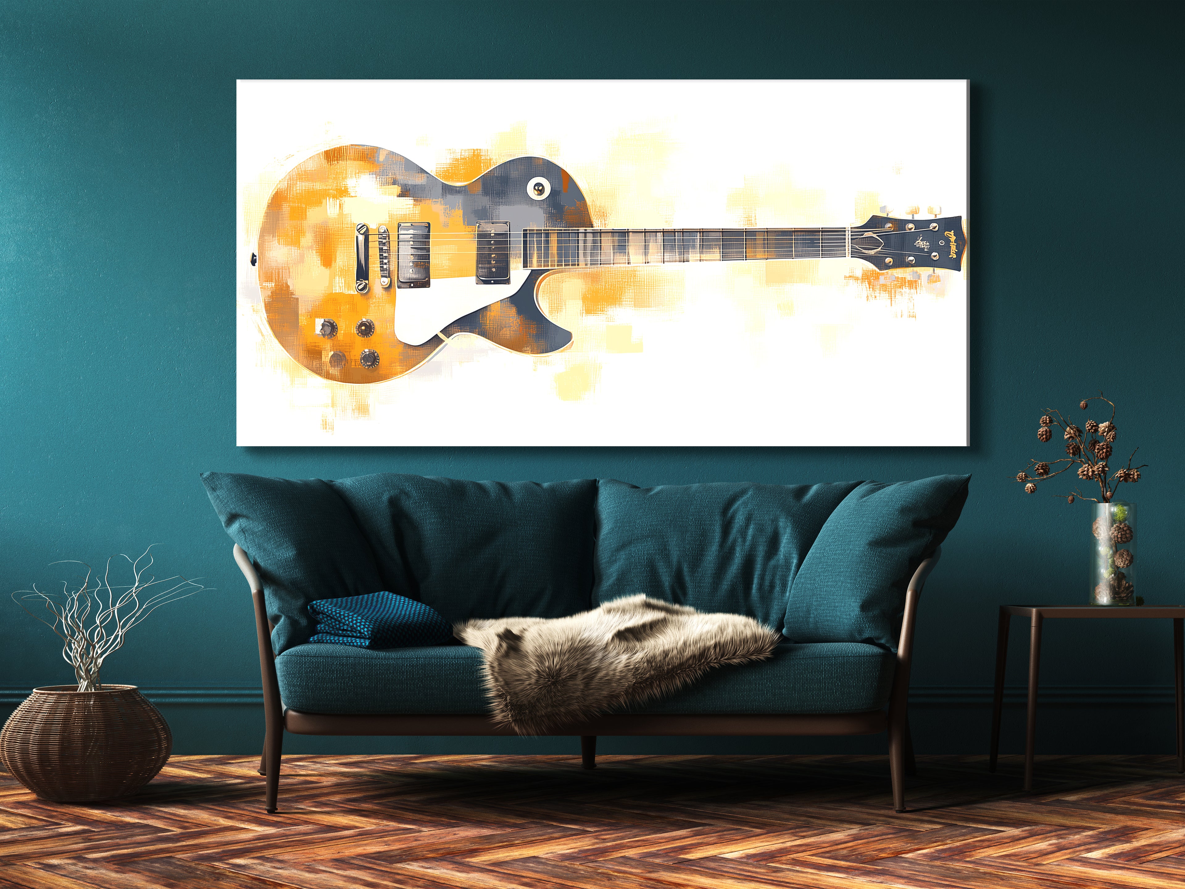 Abstracte elektrische gitaar canvas print - warme goud-witte muziekdecoratie, moderne gitaarkunst