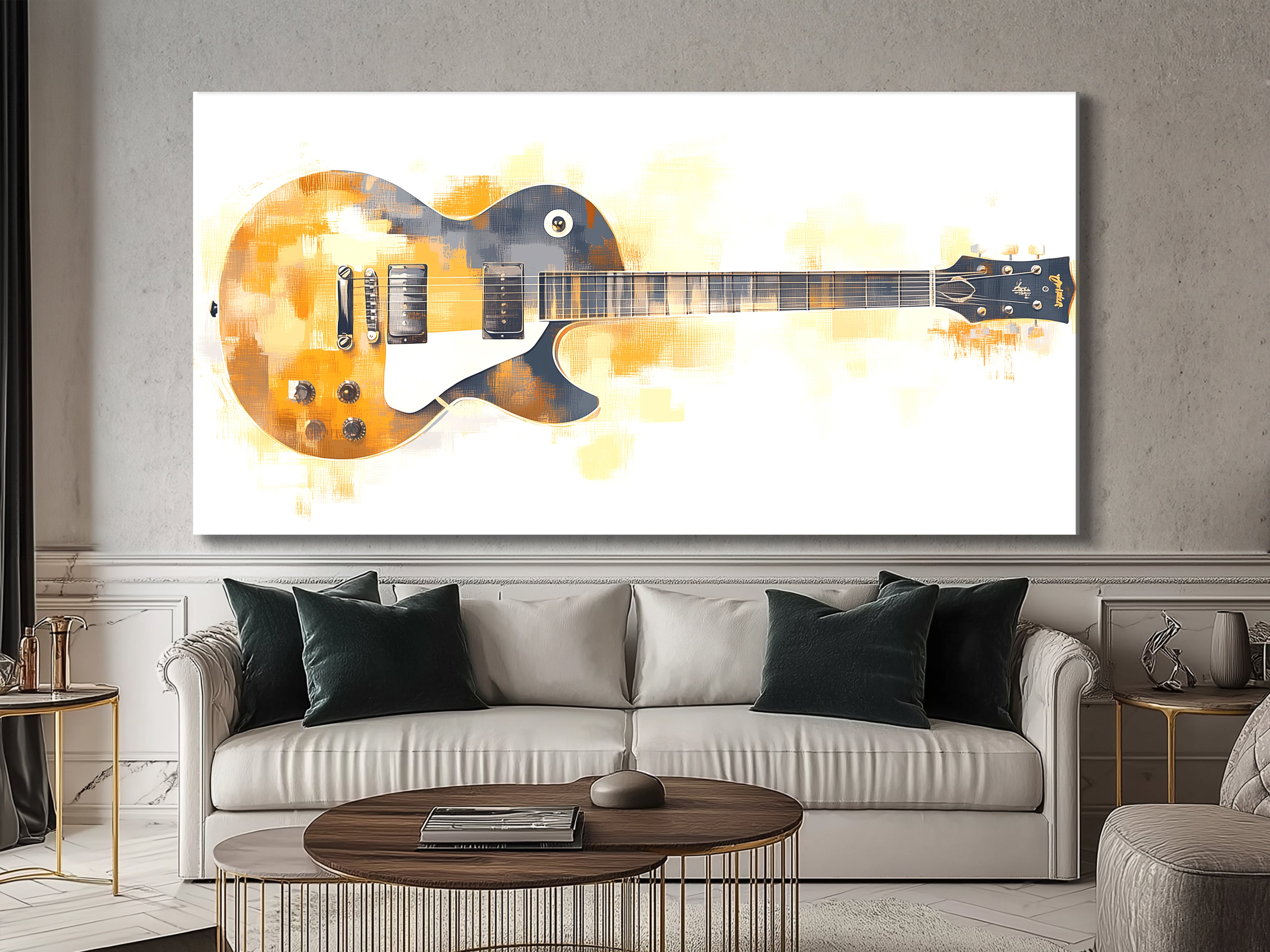 Abstracte elektrische gitaar canvas print - warme goud-witte muziekdecoratie, moderne gitaarkunst