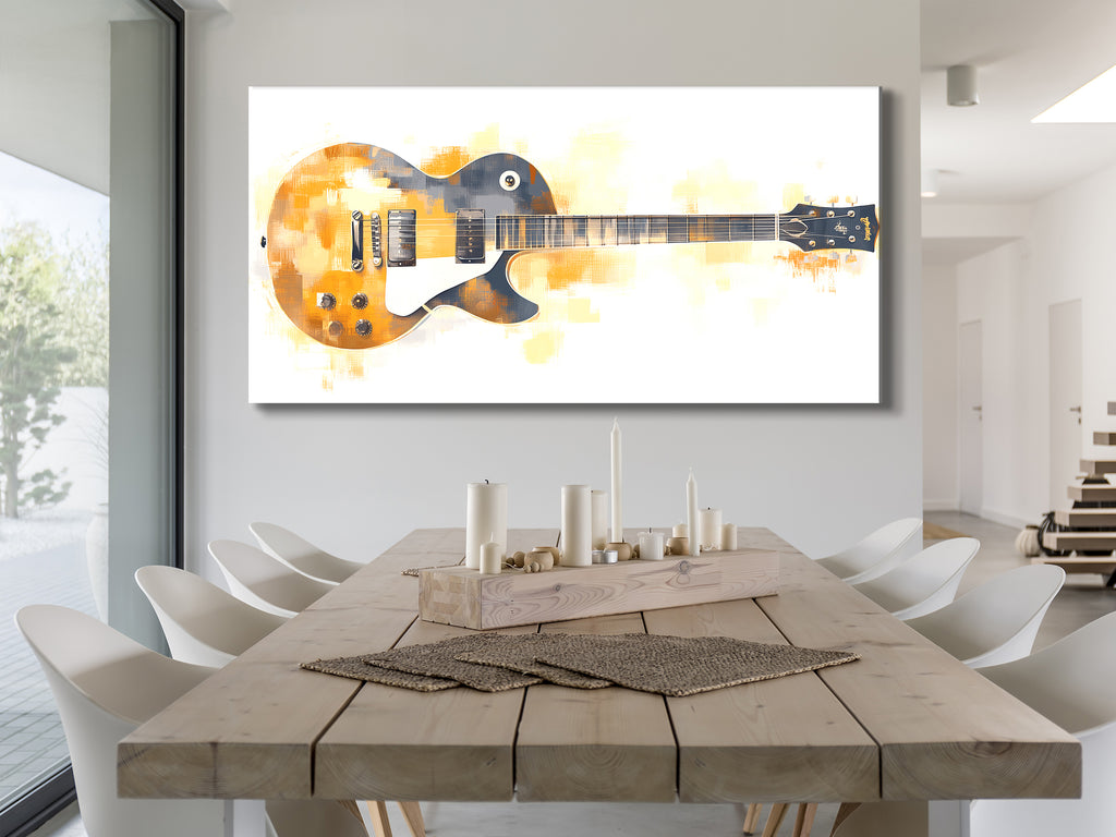 Abstracte elektrische gitaar canvas print - warme goud-witte muziekdecoratie, moderne gitaarkunst